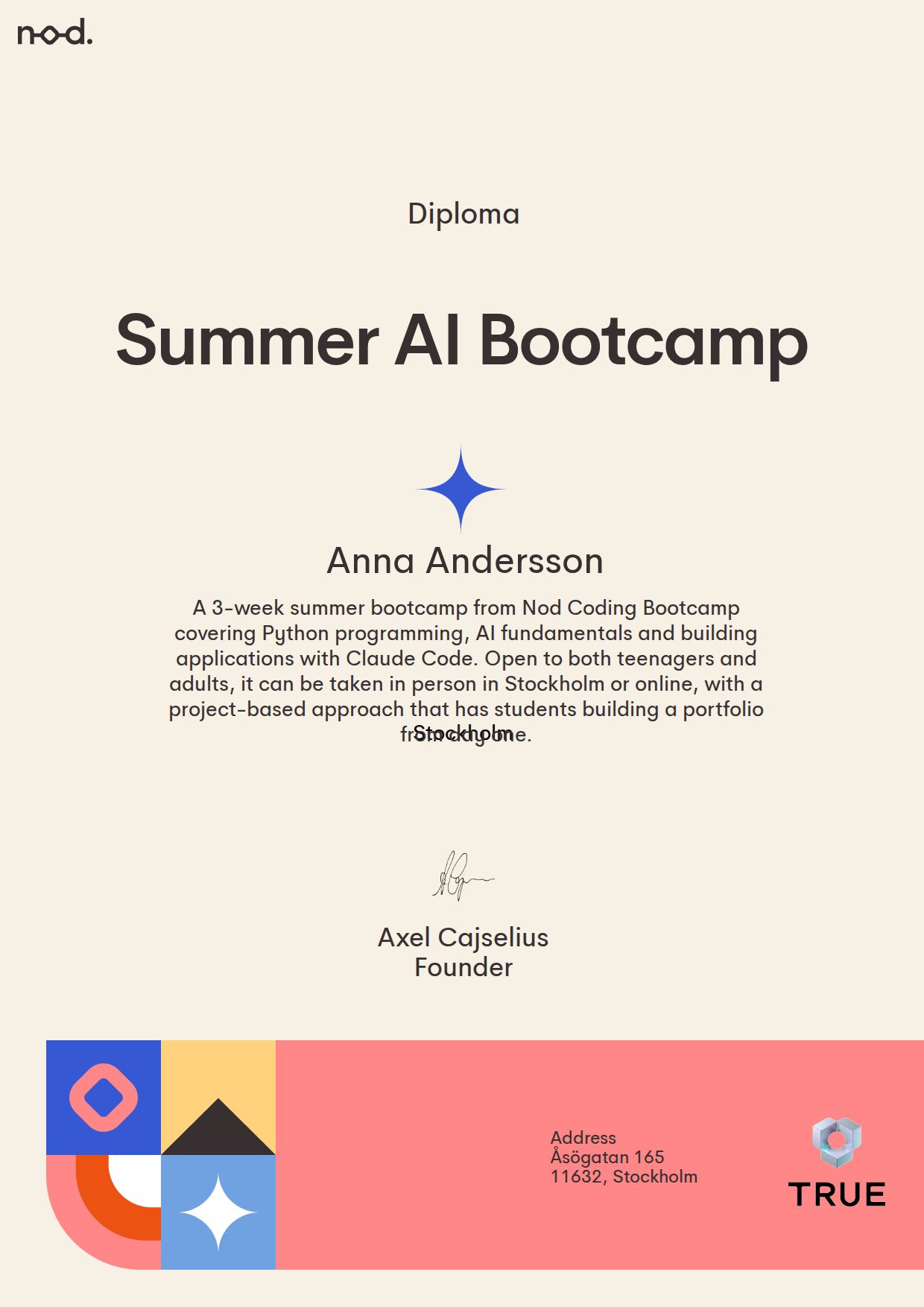 Example certificate for Summer AI Bootcamp from NodCoding