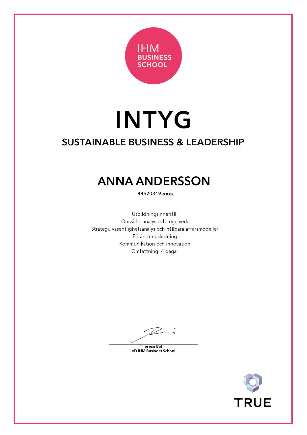 Exempel: diplom för Sustainable Business & Leadership från IHM Business School