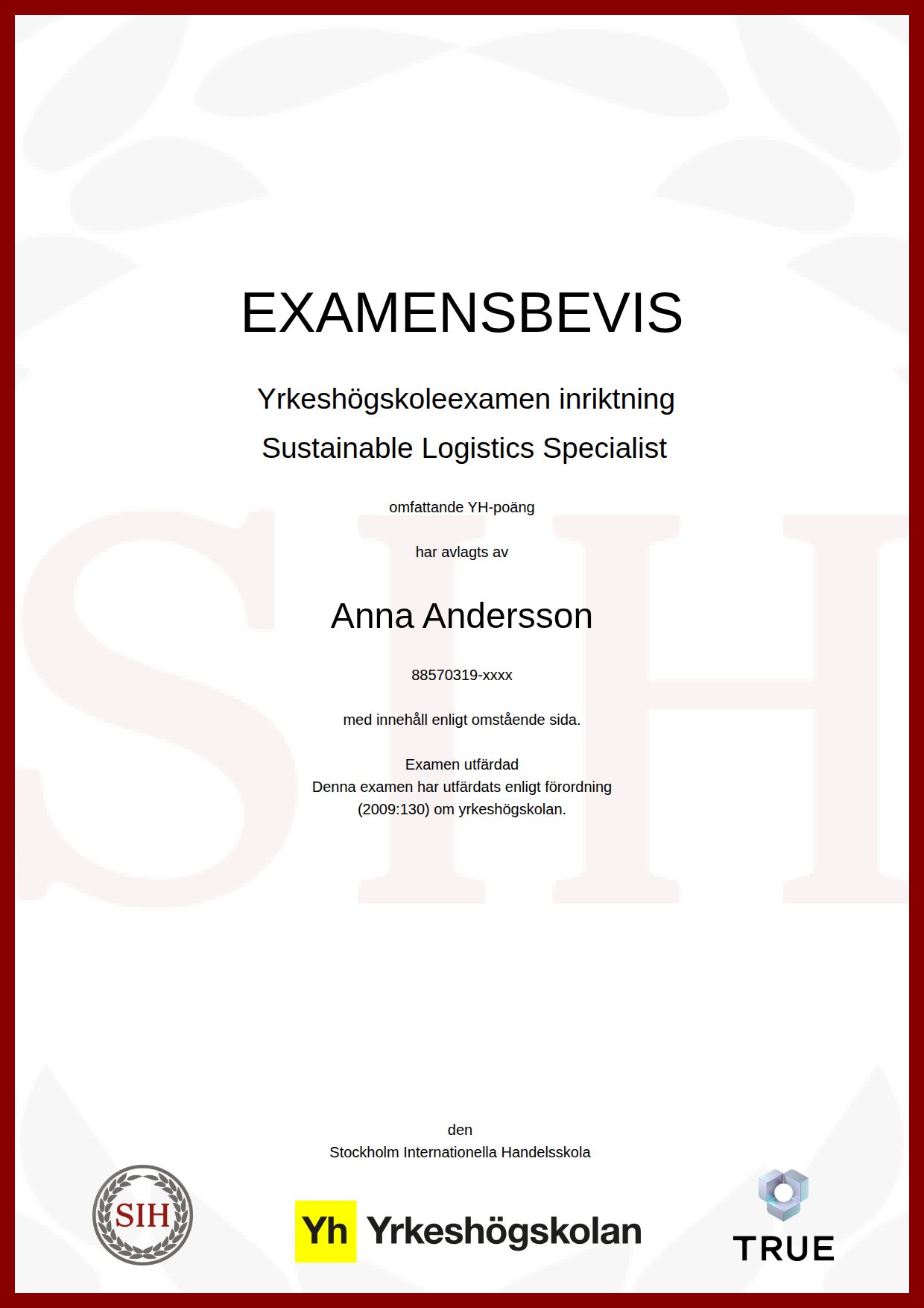 Exempel: diplom för Sustainable Logistics Specialist från SIH - Stockholms Internationella Handelsskola