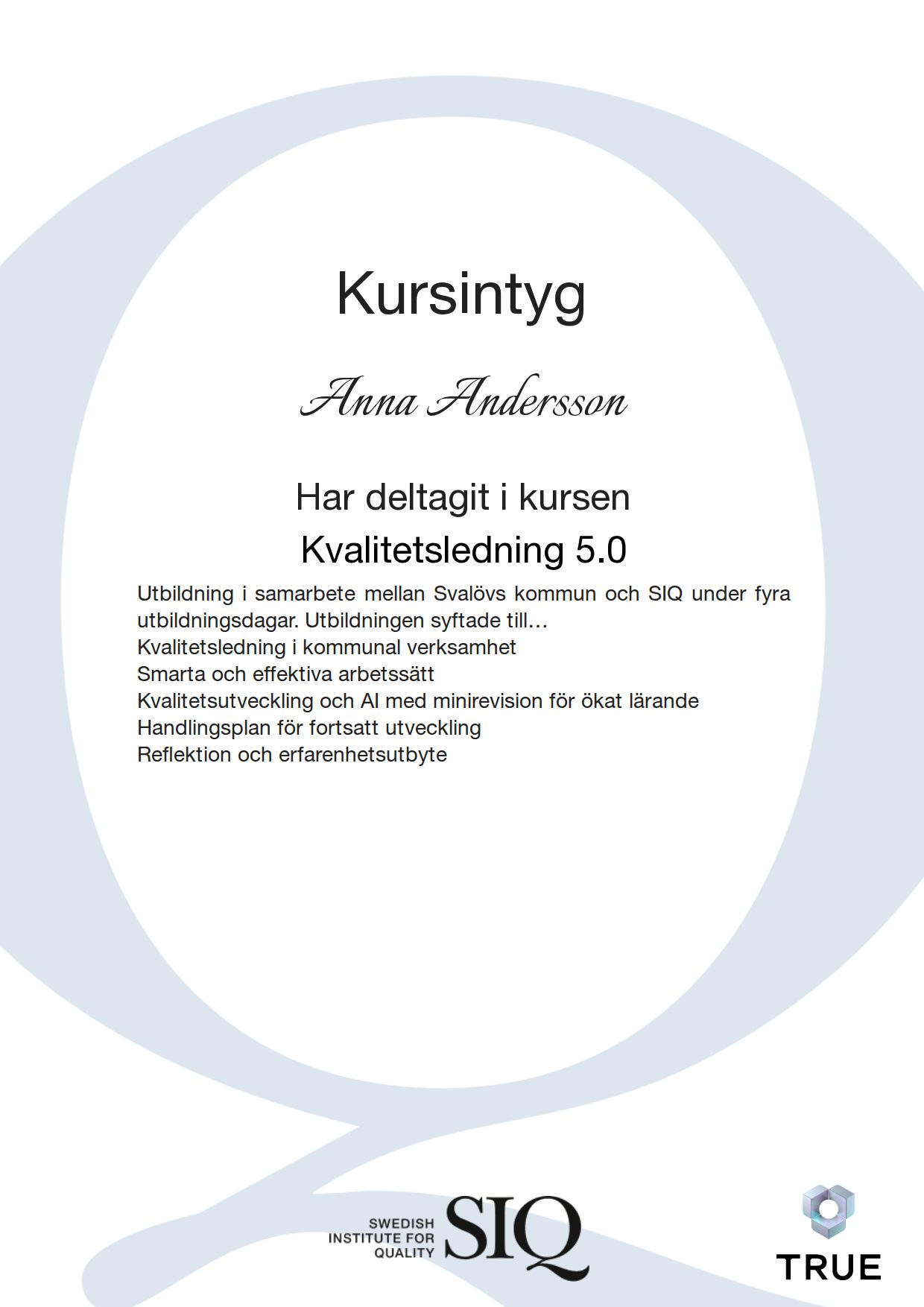 Example certificate for Kvalitetsledning 5.0 from SIQ - Institutet för Kvalitetsutveckling