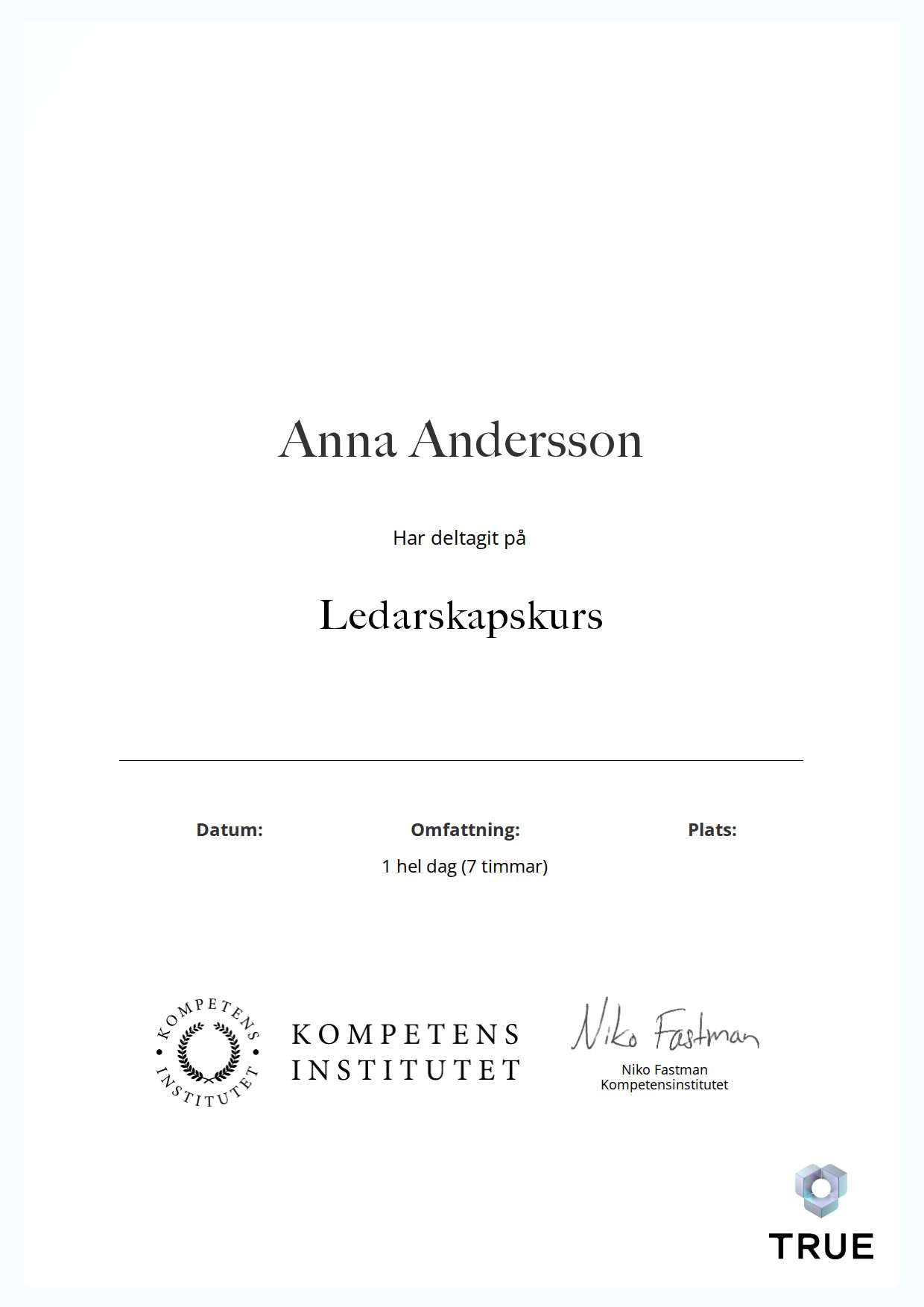 Example certificate for Ledarskapskurs from Kompetensinstitutet
