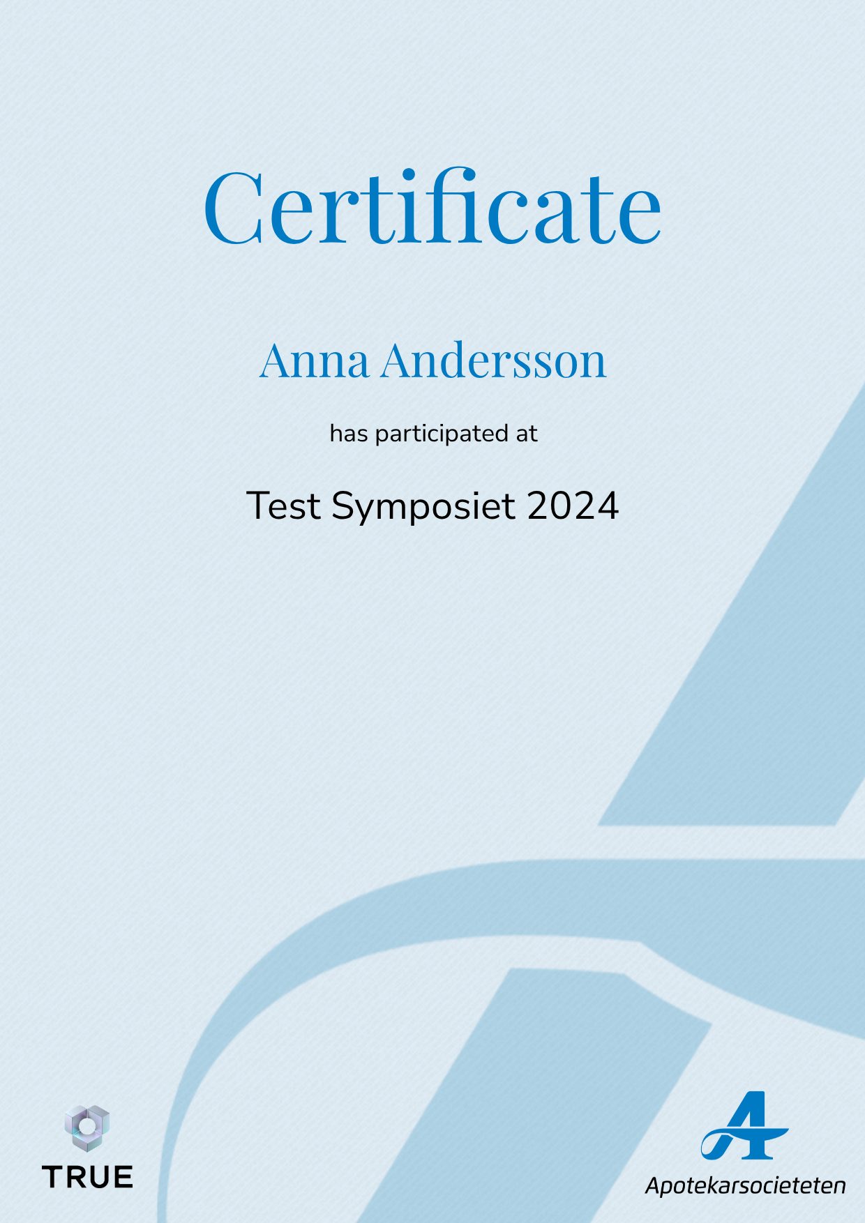 Exempel: diplom för Test Symposiet 2024 från Läkemedelsakademin