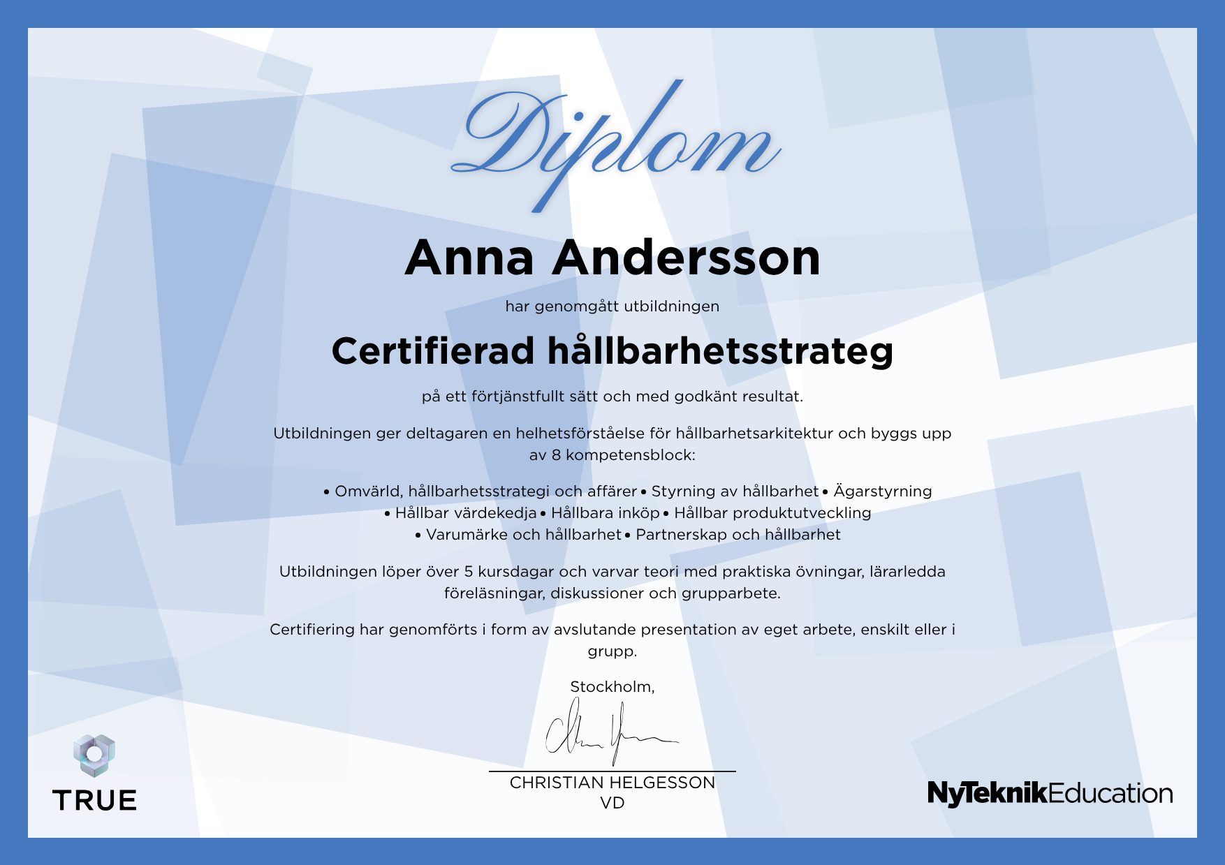 Example certificate for Systemarkitektur from Ny Teknik Education