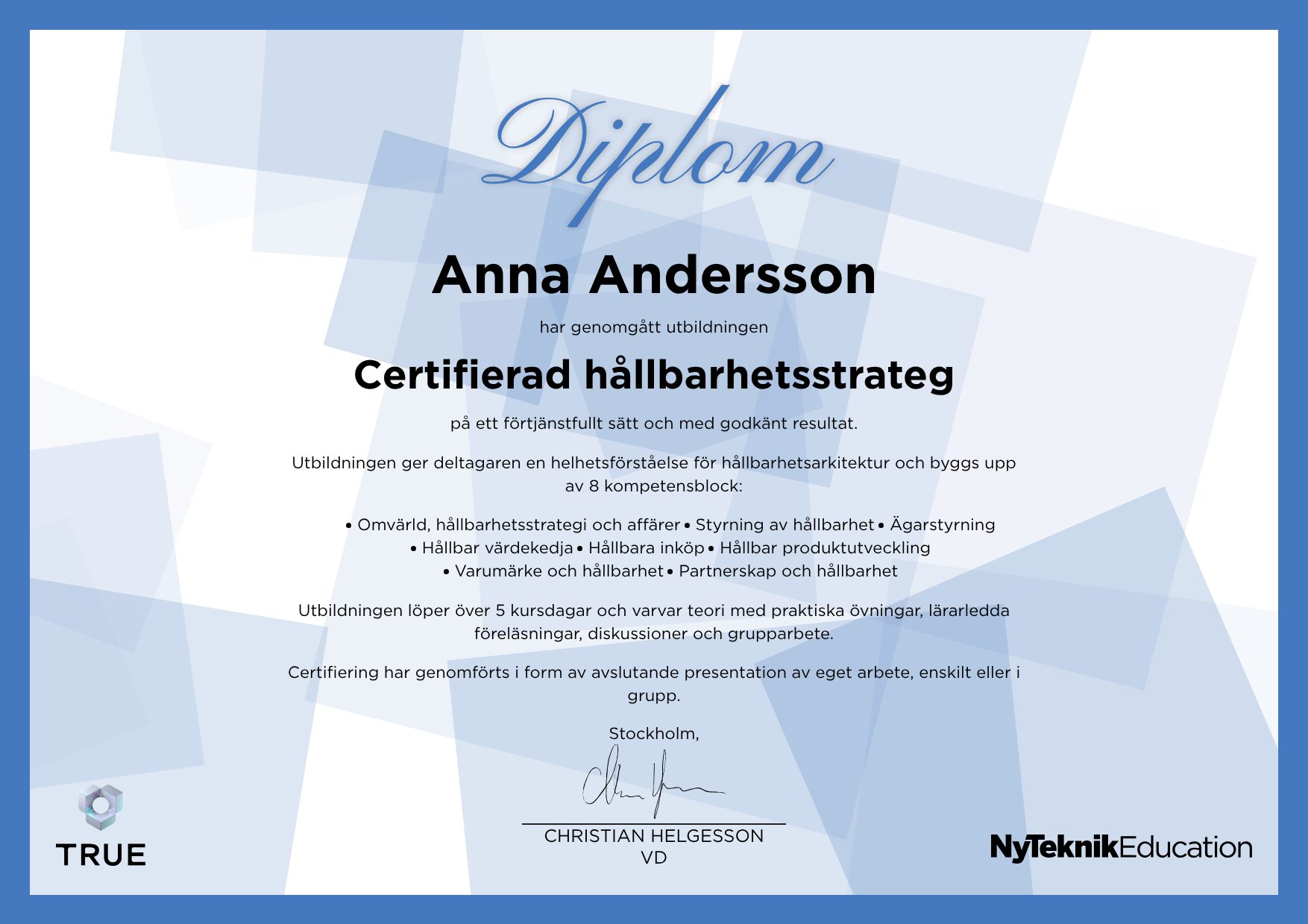 Example certificate for Systems Engineering & Lifecycle Management from Ny Teknik Education
