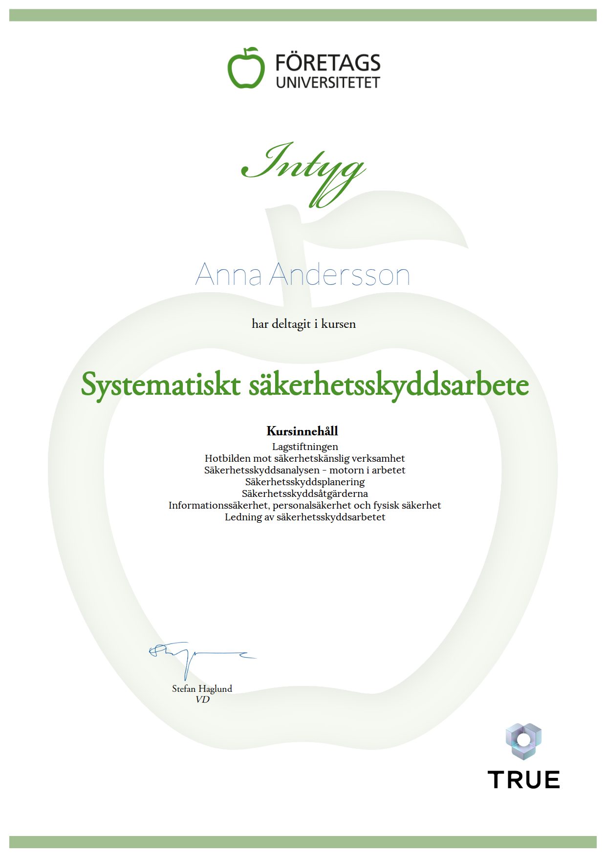 Exempel: diplom för Systematiskt säkerhetsskyddsarbete från Företagsuniversitetet