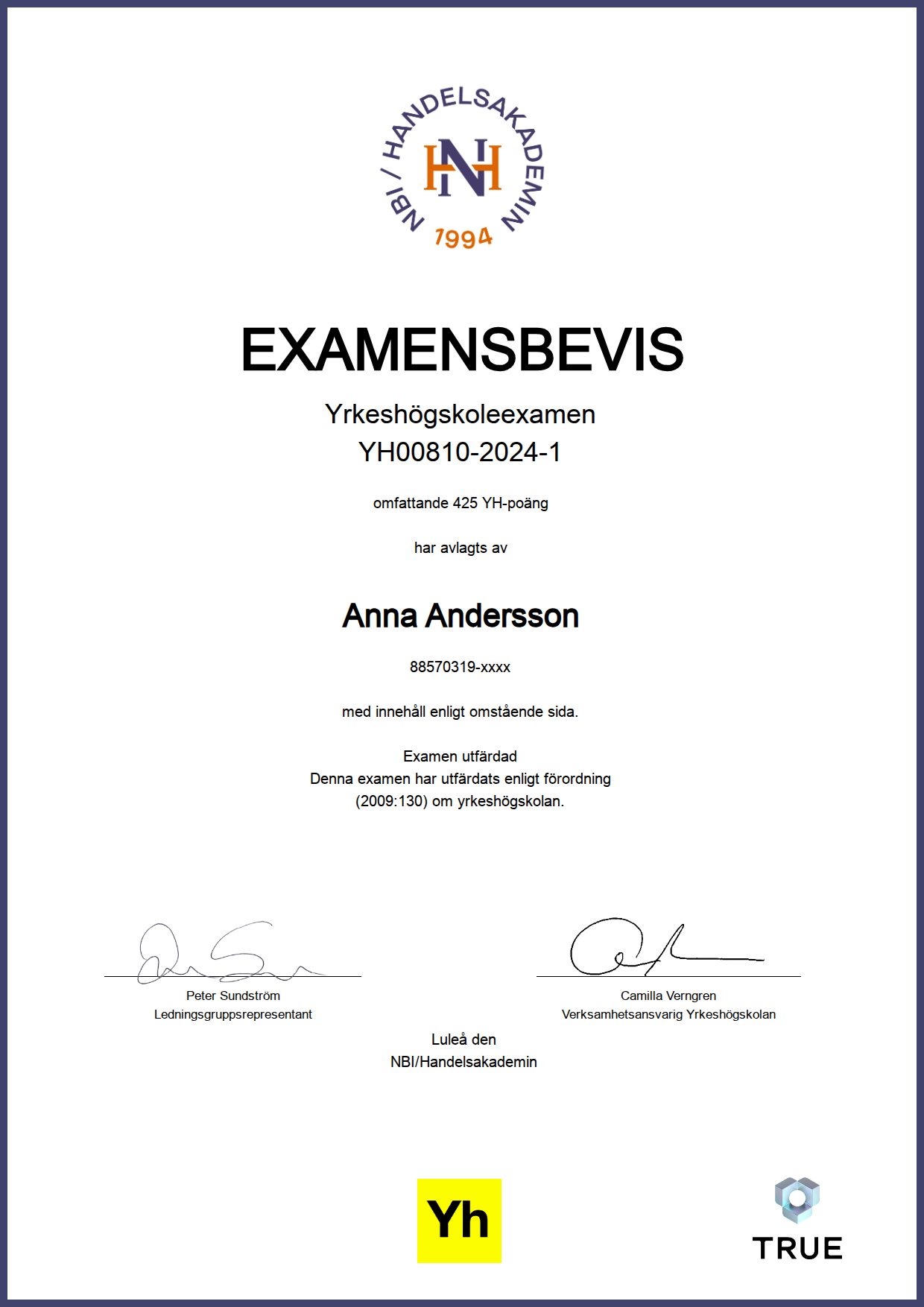 Example certificate for Systemutvecklare-Objektorienterad systemutveckling from NBI/Handelsakademin