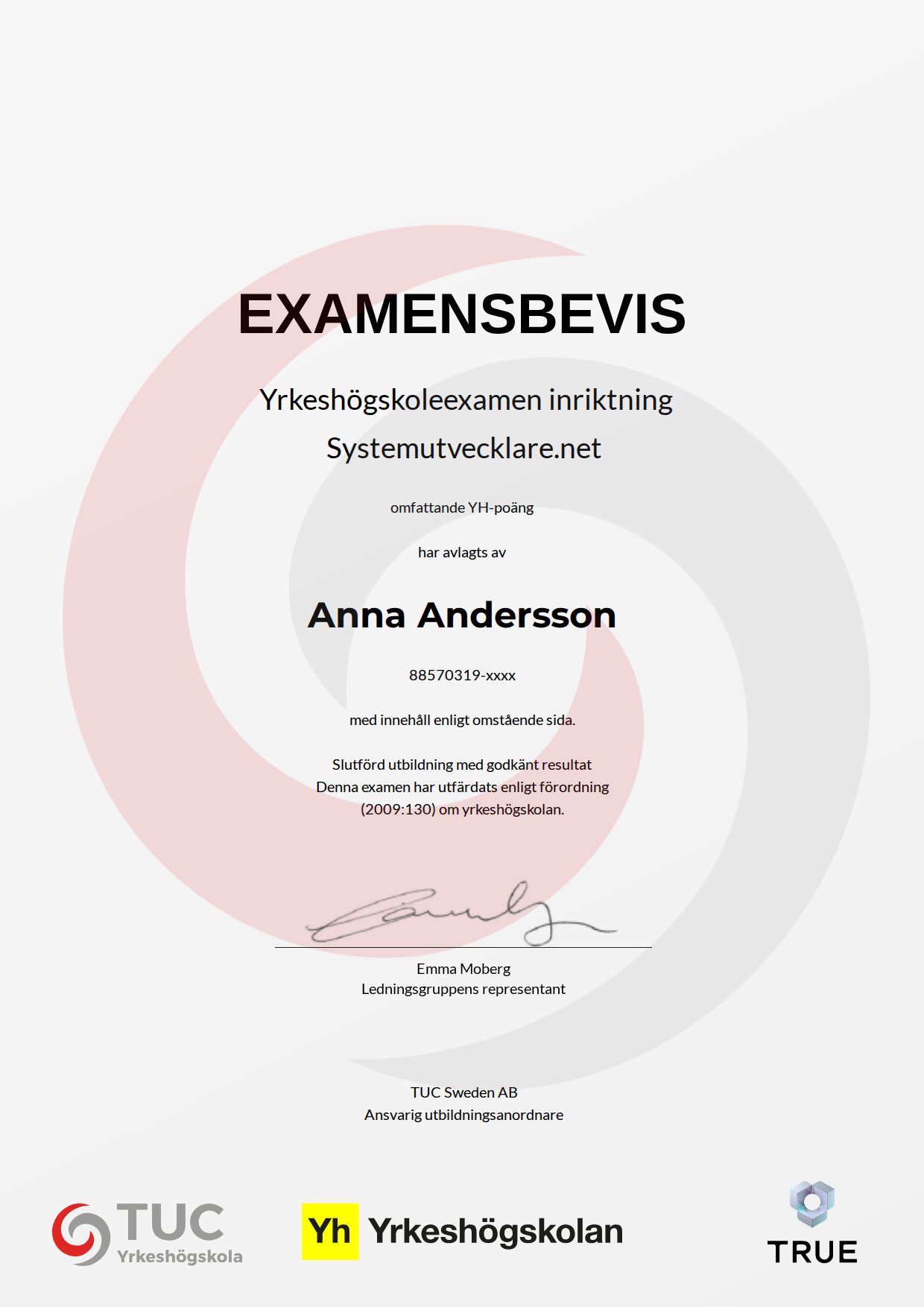 Example certificate for Systemutvecklare.net from TUC Yrkeshögskola