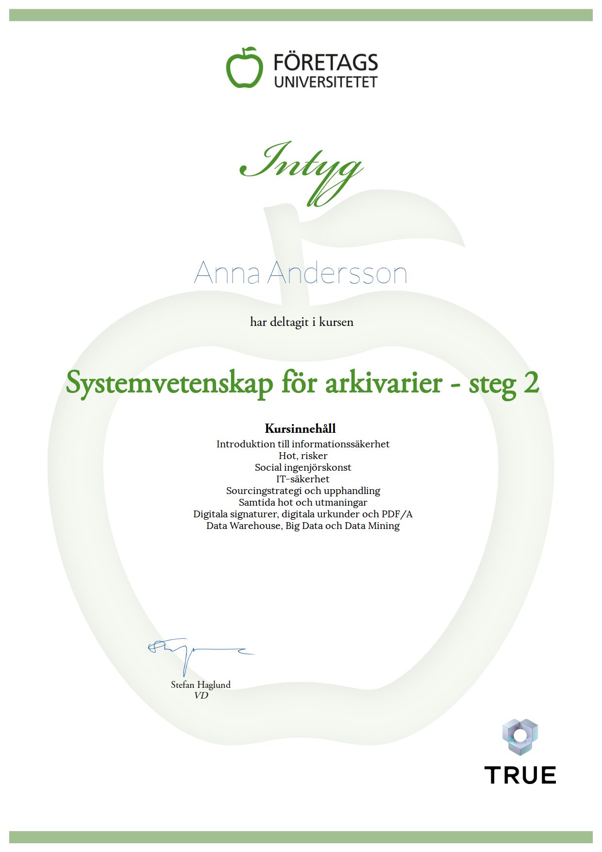 Exempel: diplom för Systemvetenskap för arkivarier - steg 2 från Företagsuniversitetet