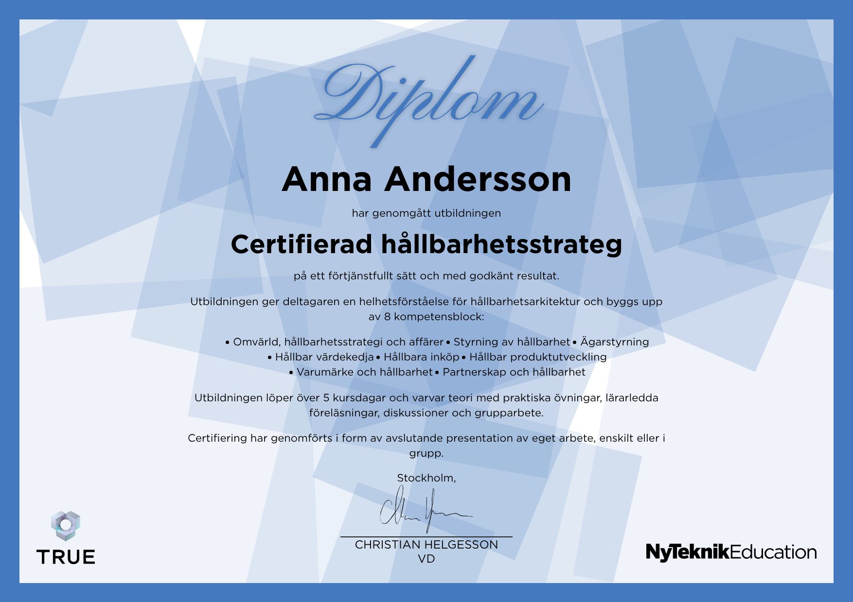 Example certificate for Technical Management from Ny Teknik Education