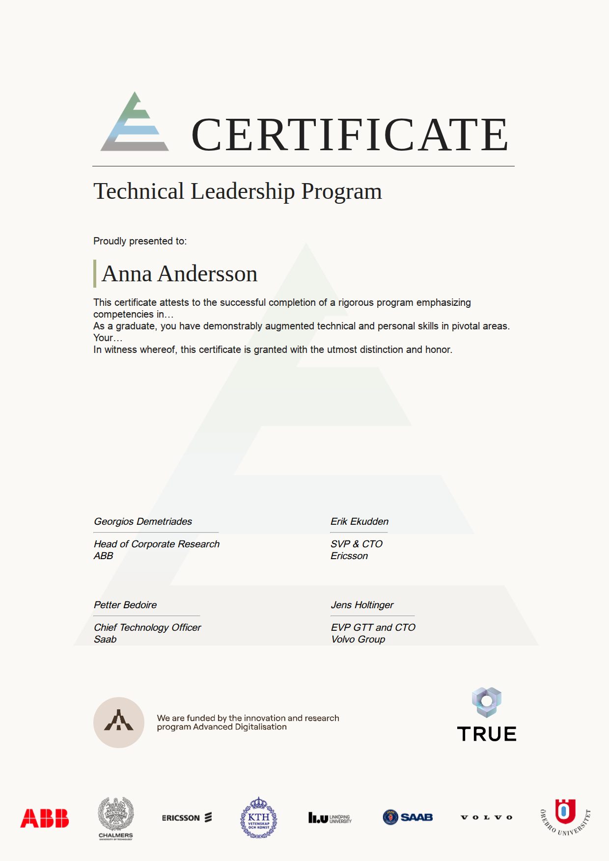 Example certificate for Technical Leadership Program from Expert Learning Lab