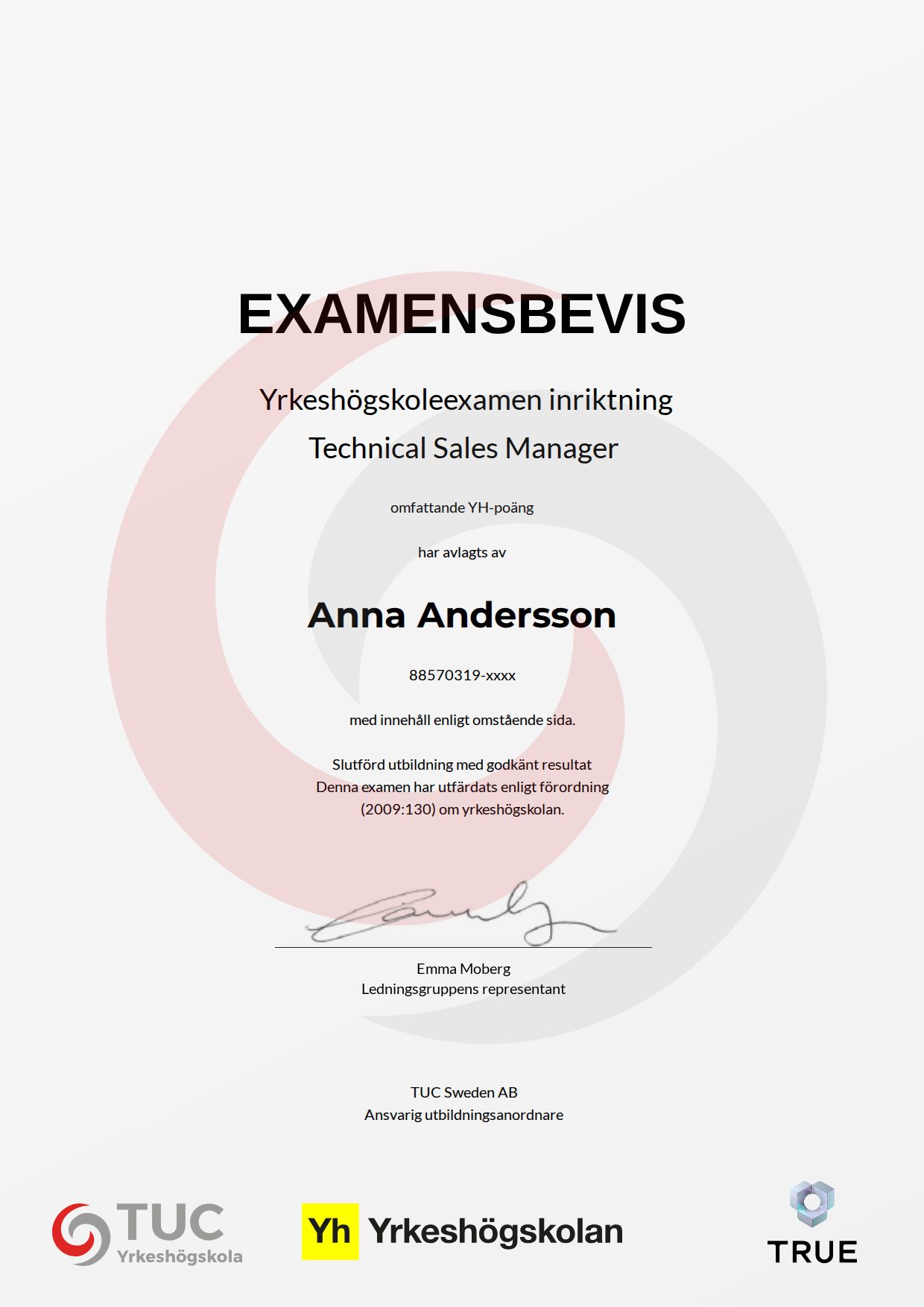 Example certificate for Technical Sales Manager from TUC Yrkeshögskola