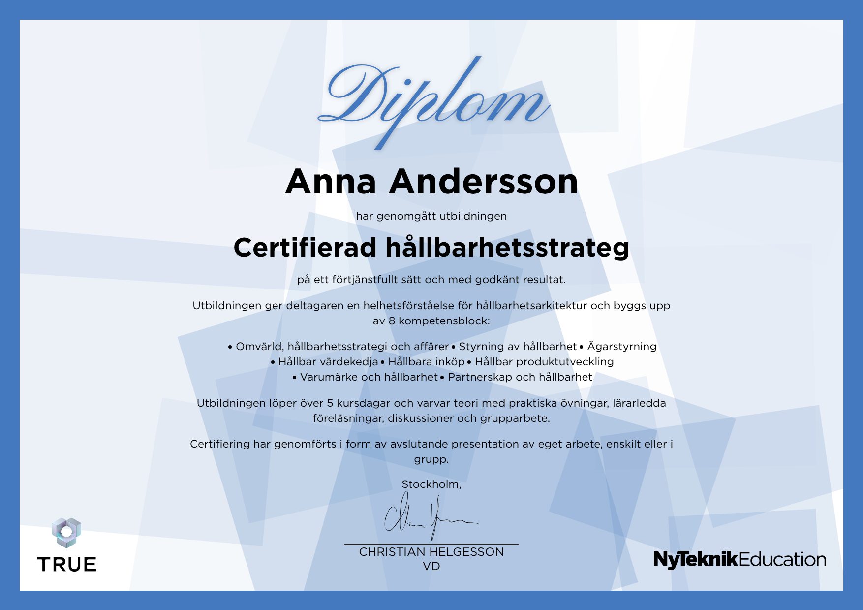 Exempel: diplom för Patent- och forskningsbaserad teknisk innovation från Ny Teknik Education