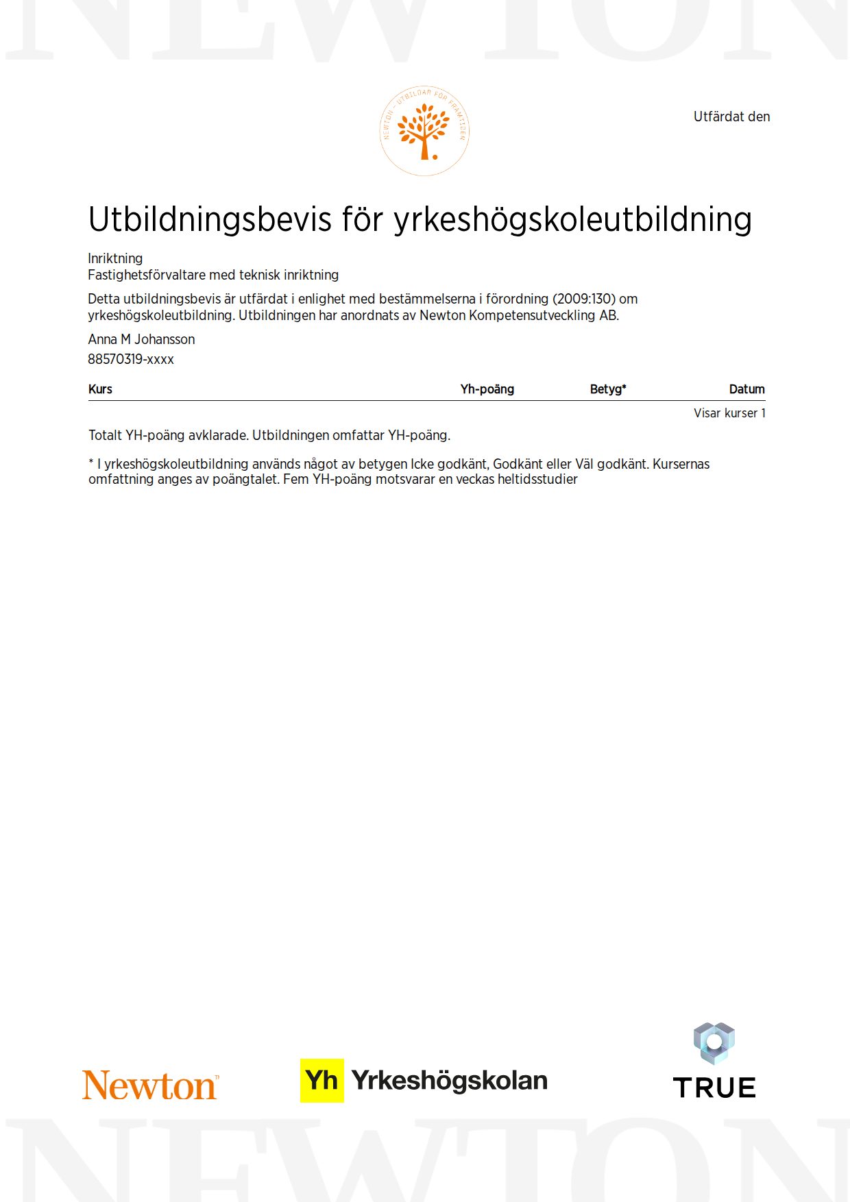Example certificate for Fastighetsförvaltare med teknisk inriktning from Newton