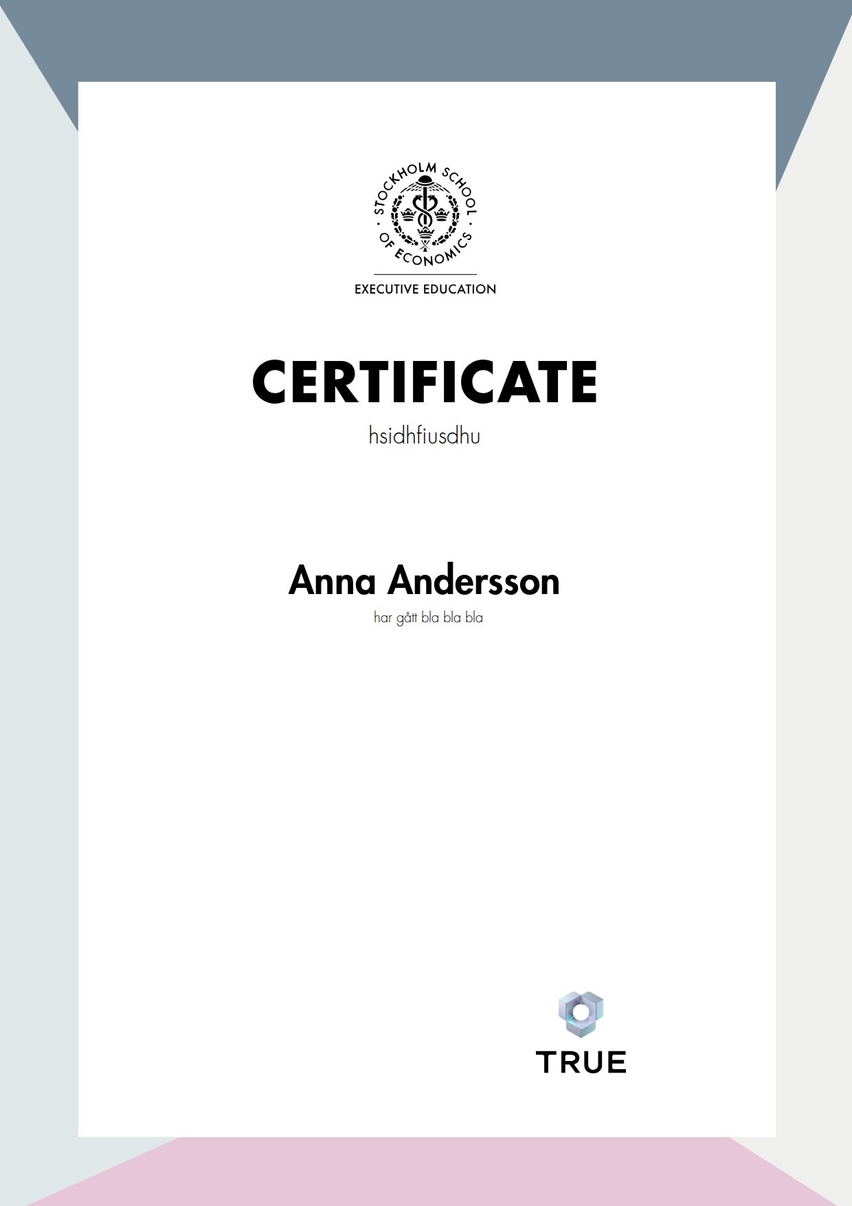 Exempel: diplom för hsidhfiusdhu från SSE - Handelshögskolan Executive Education