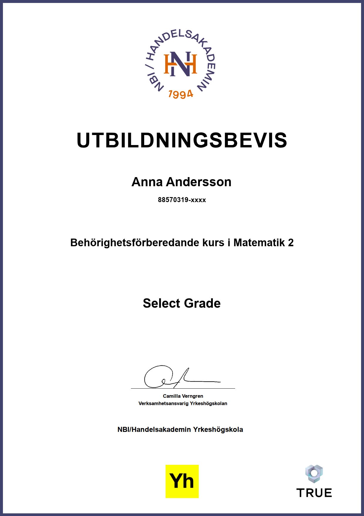 Exempel: diplom för Test Course Matematik från NBI/Handelsakademin