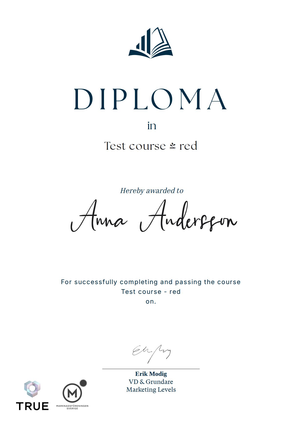 Example certificate for Test course - red from Marketing Levels Sweden AB