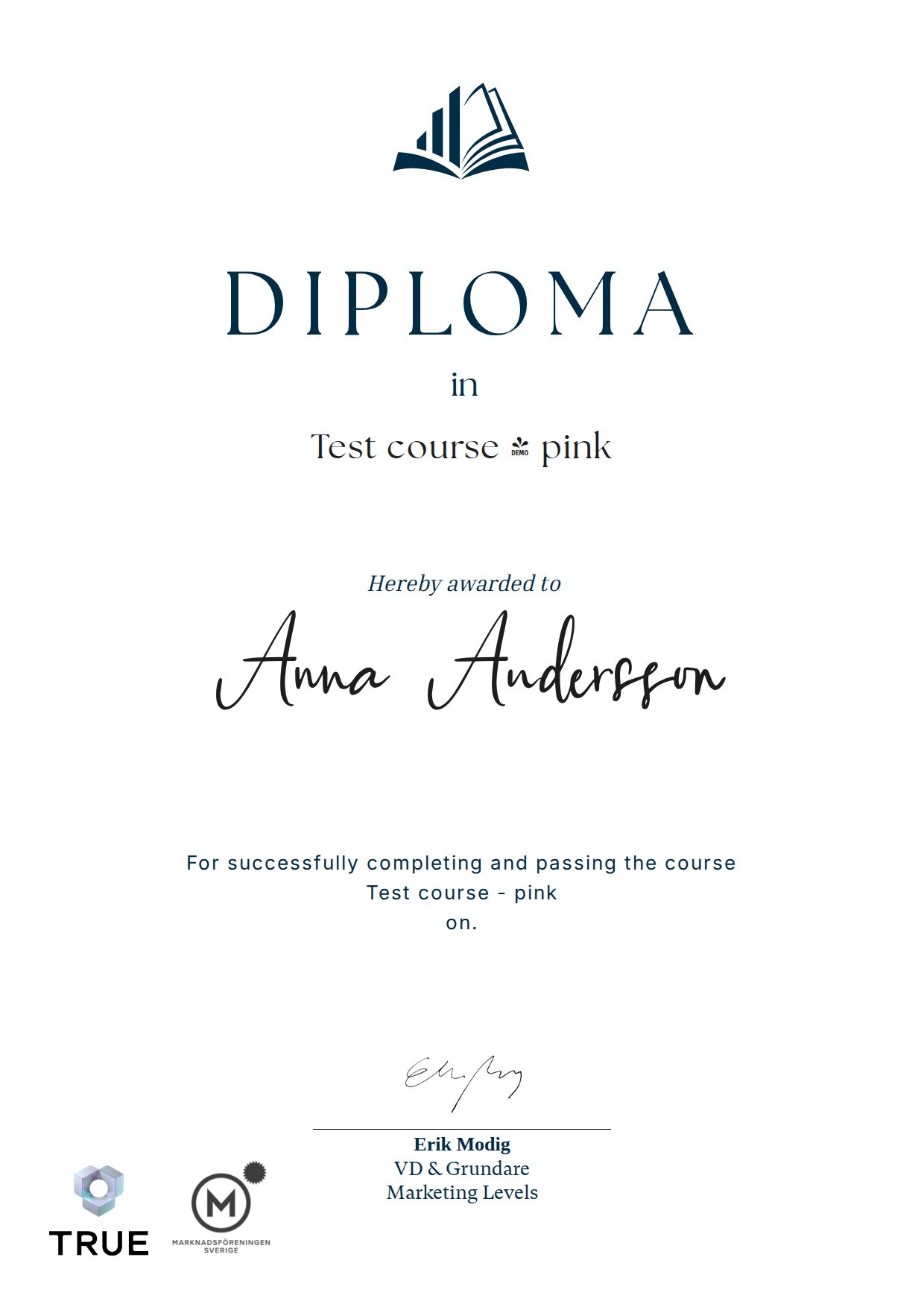 Example certificate for Test course - pink from Marketing Levels Sweden AB