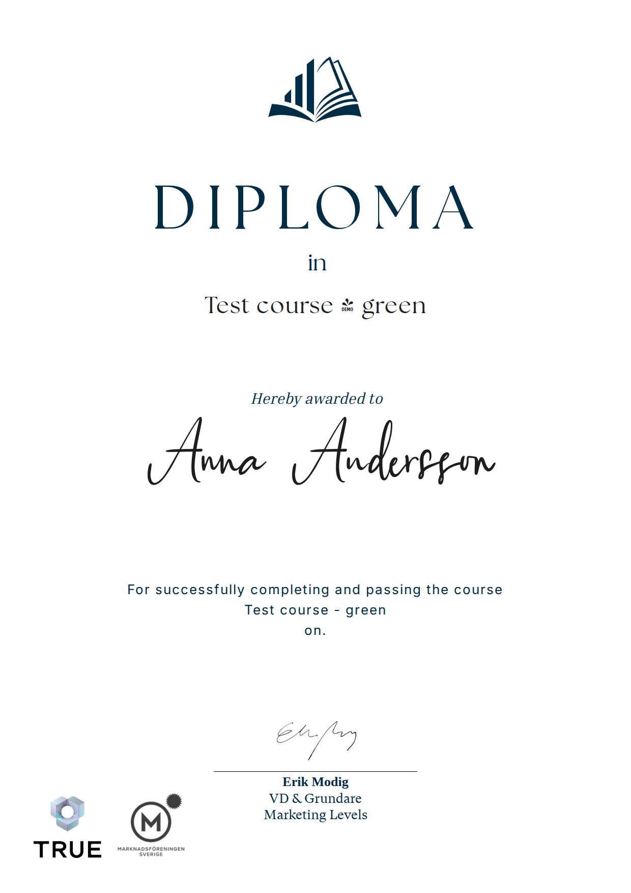 Example certificate for Test course - green from Marketing Levels Sweden AB