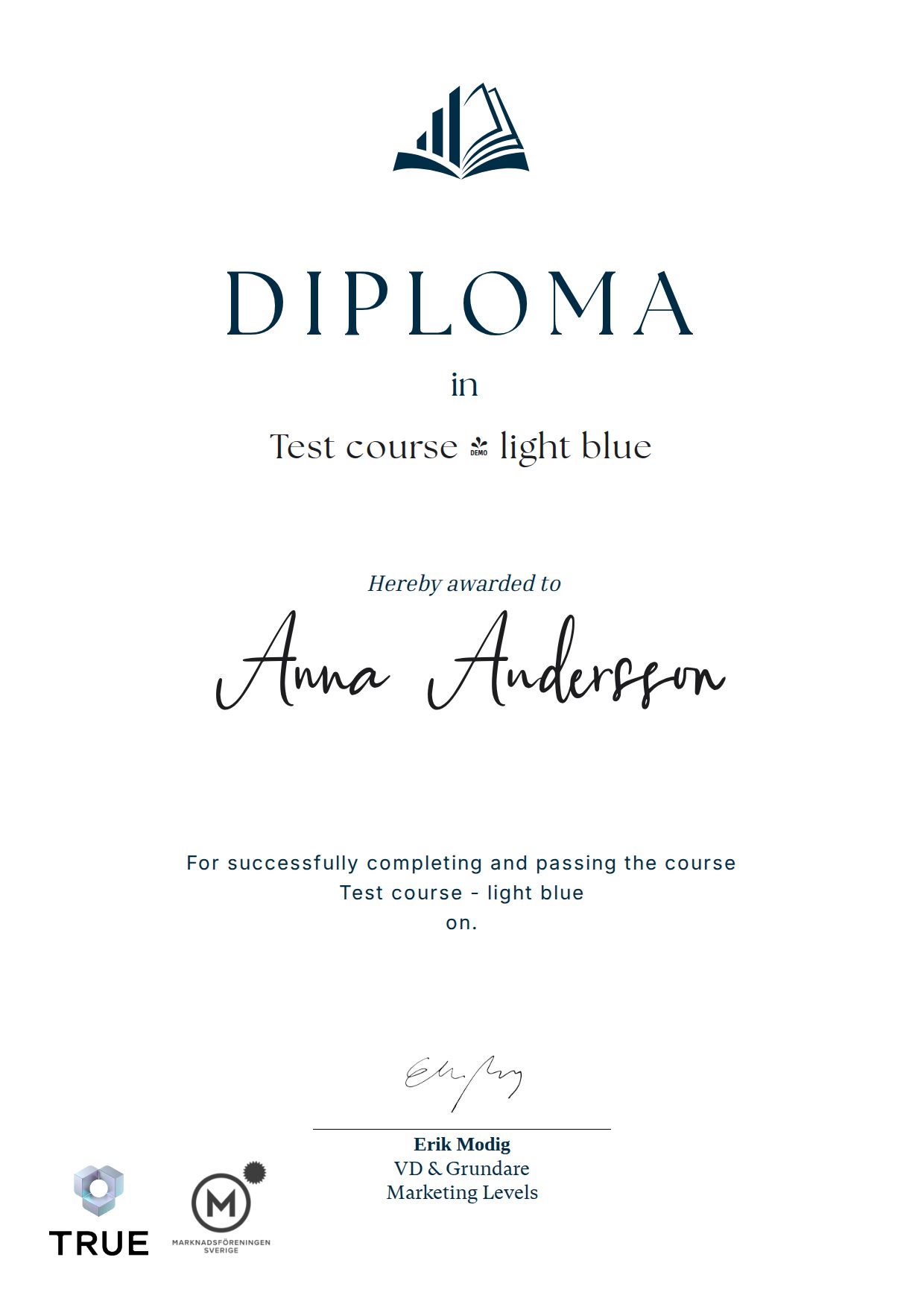 Exempel: diplom för Test course - light blue från Marketing Levels Sweden AB