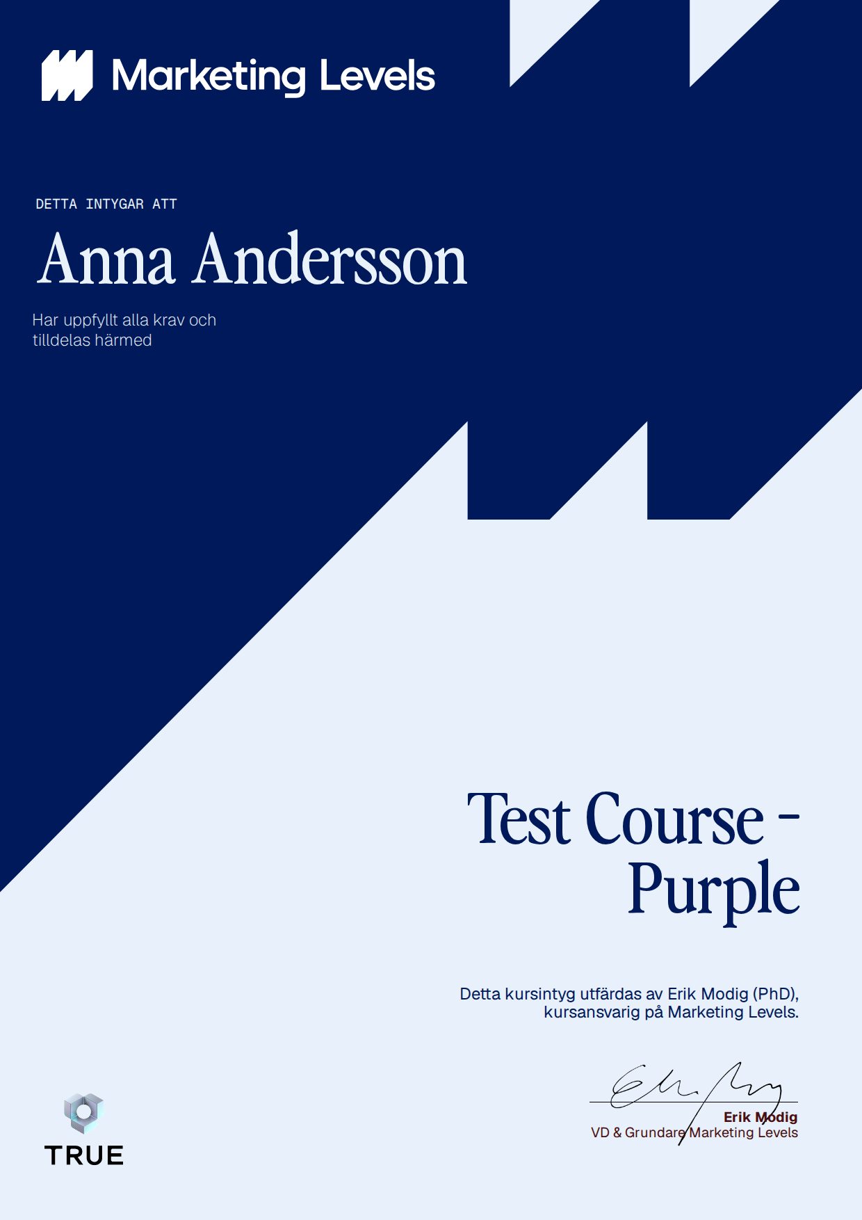 Exempel: diplom för Test Course - Purple från Marketing Levels Sweden AB