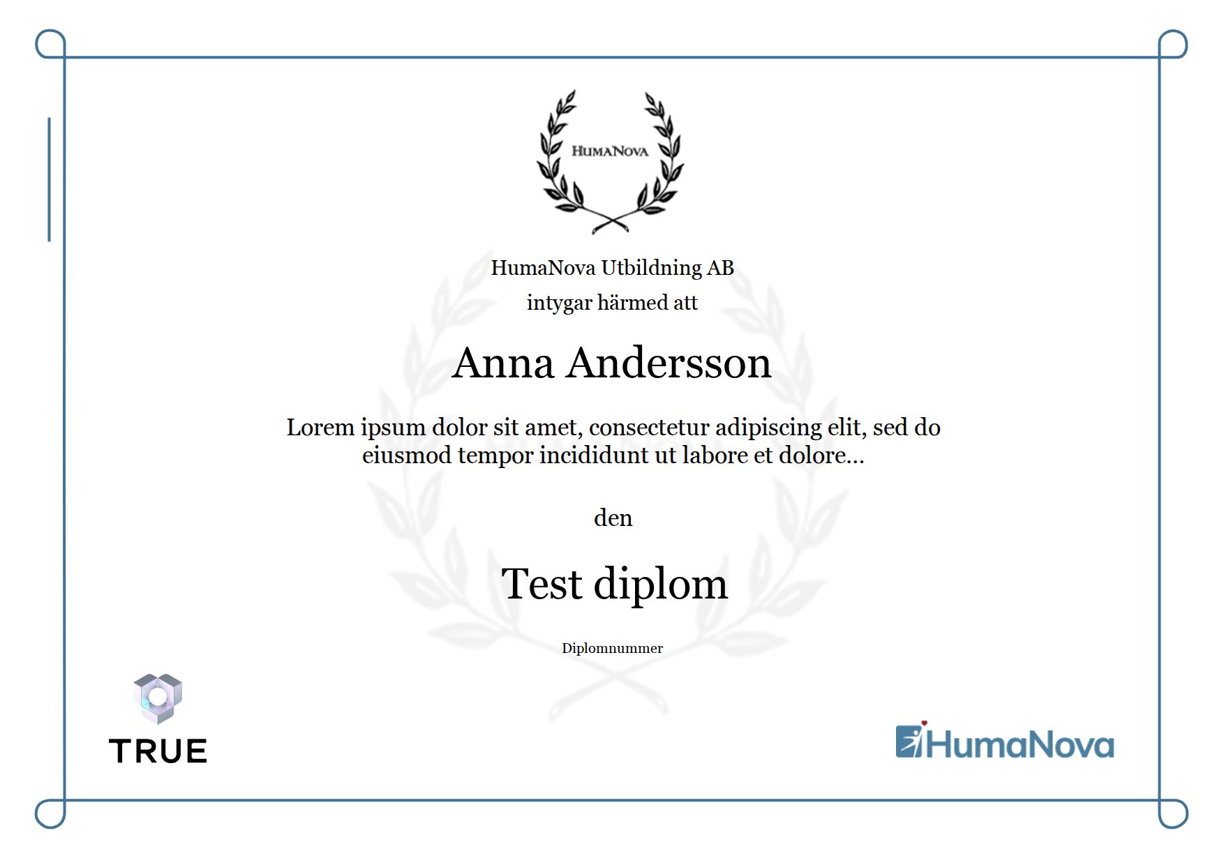 Example certificate for Test diplom from Humanova Utbildning