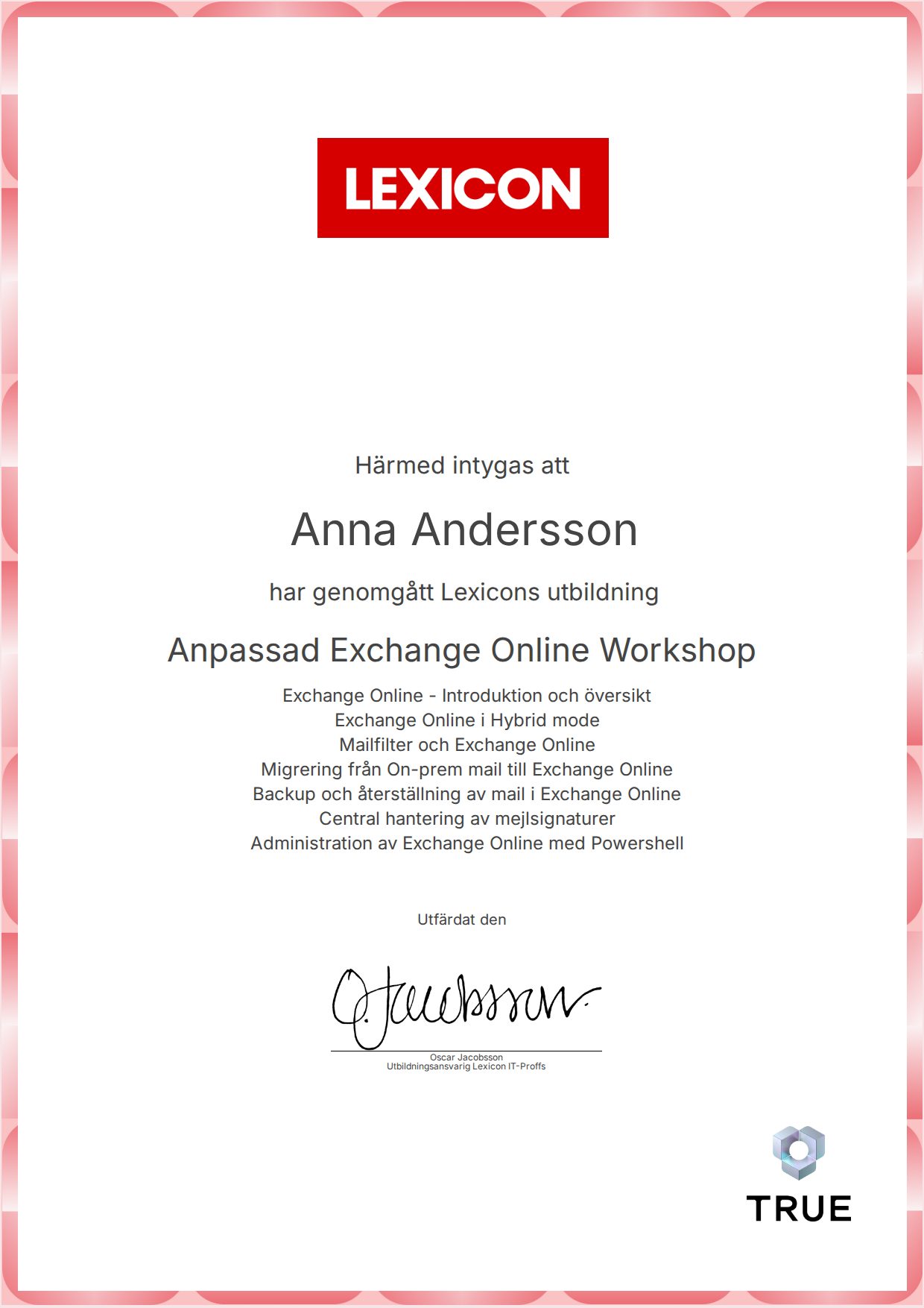 Exempel: diplom för Anpassad Exchange Online Workshop från Lexicon IT-Proffs AB