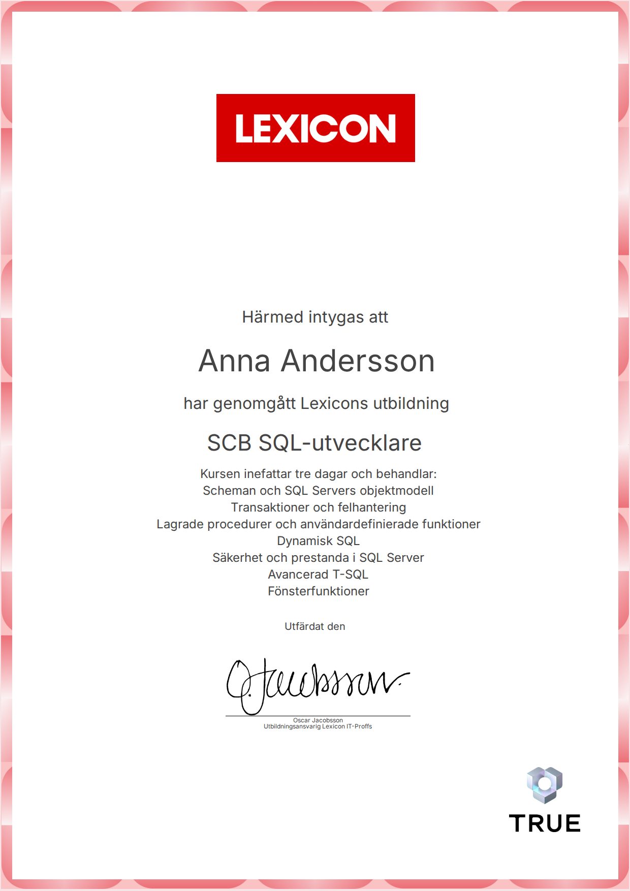 Exempel: diplom för SCB SQL-utvecklare från Lexicon IT-Proffs AB