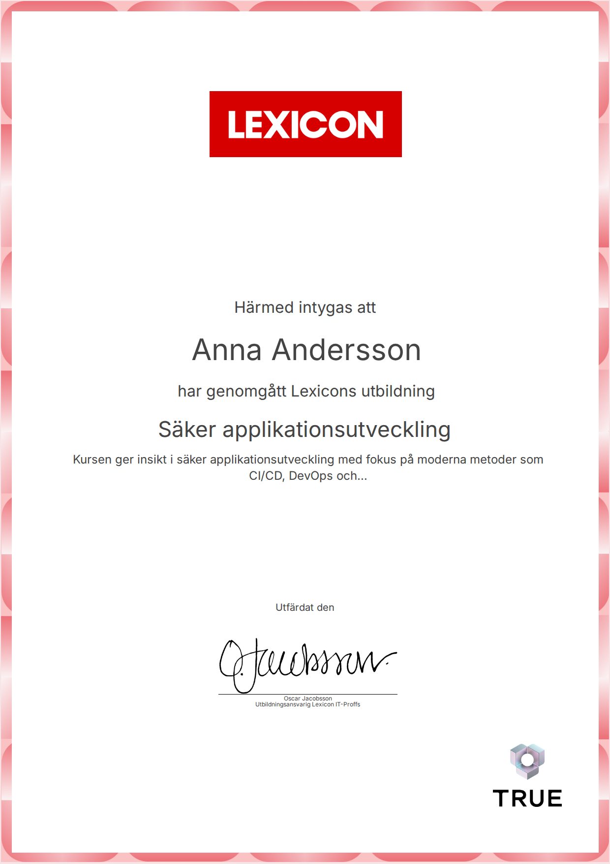 Exempel: diplom för Säker applikationsutveckling från Lexicon IT-Proffs AB