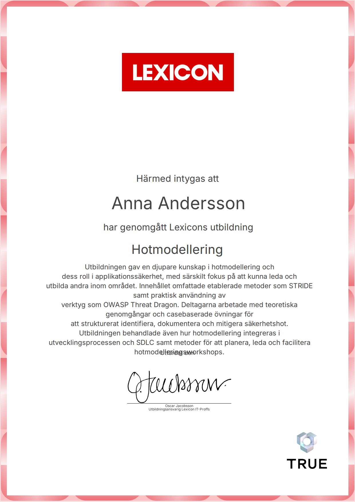 Example certificate for Hotmodellering from Lexicon IT-Proffs AB