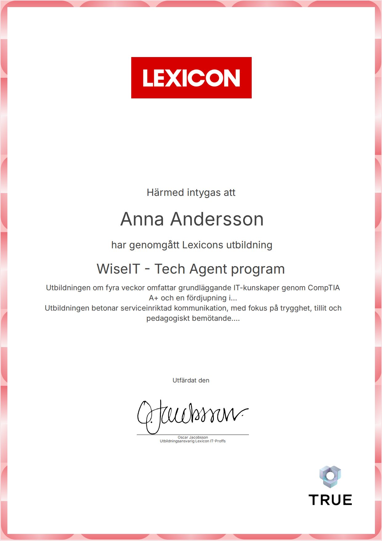 Example certificate for WiseIT - Tech Agent program from Lexicon IT-Proffs AB