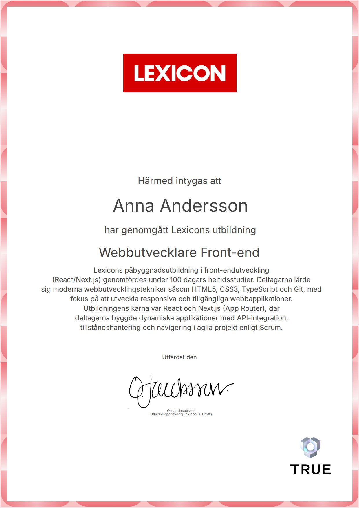 Example certificate for Webbutvecklare Front-end from Lexicon IT-Proffs AB