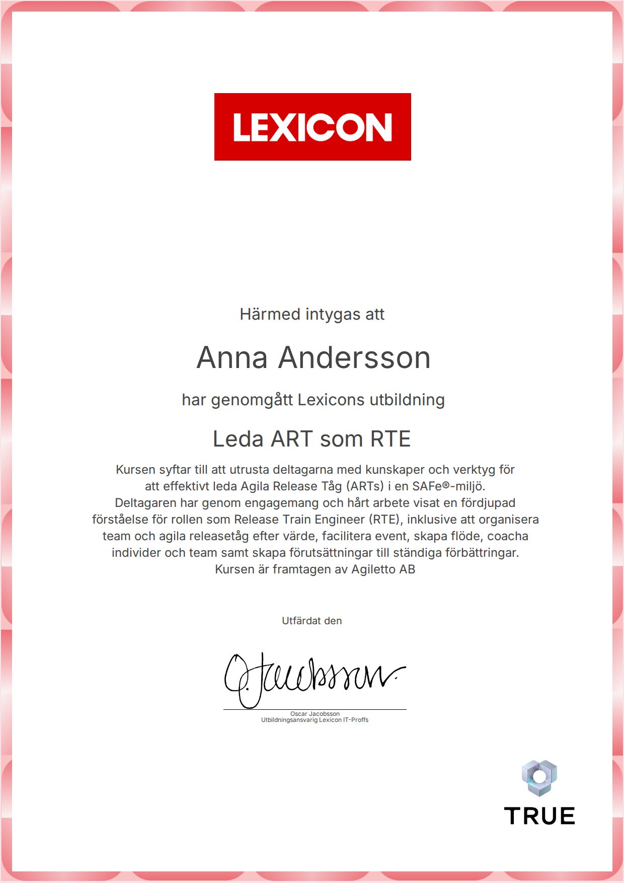 Example certificate for Leda ART som RTE from Lexicon IT-Proffs AB