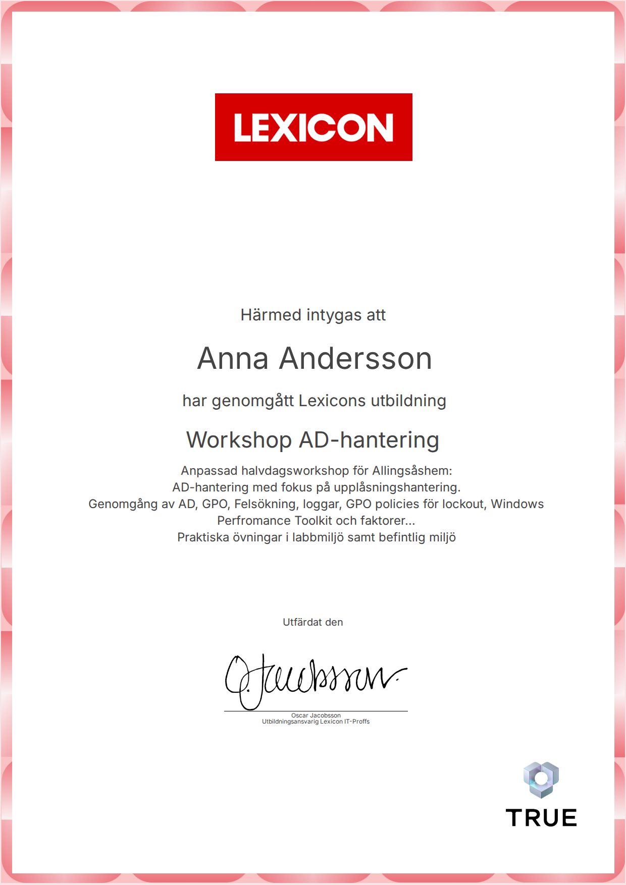 Example certificate for Workshop AD-hantering from Lexicon IT-Proffs AB