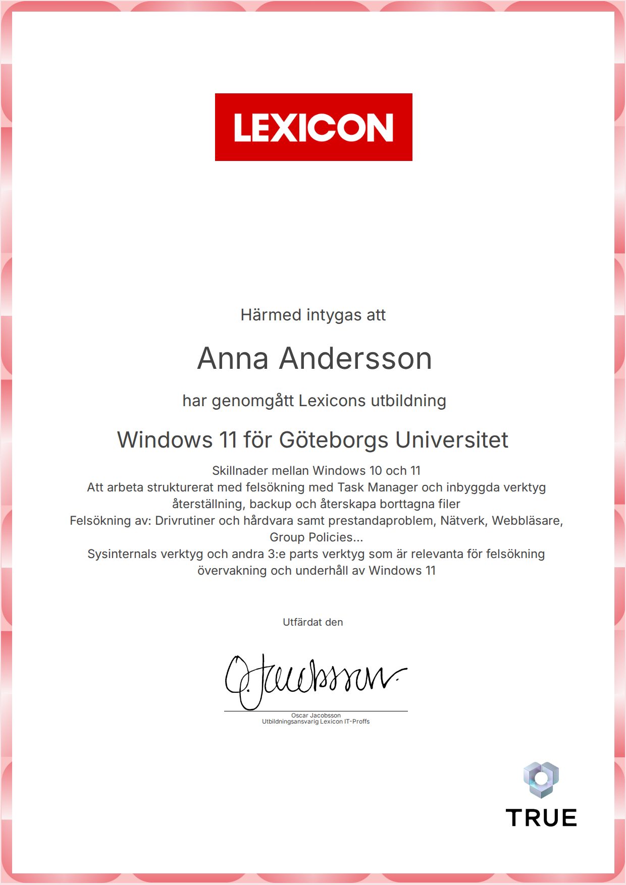 Exempel: diplom för Windows 11 för Göteborgs Universitet från Lexicon IT-Proffs AB