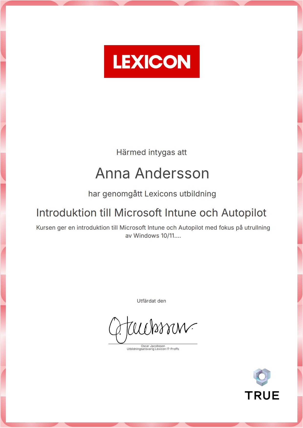 Exempel: diplom för Introduktion till Microsoft Intune och Autopilot från Lexicon IT-Proffs AB