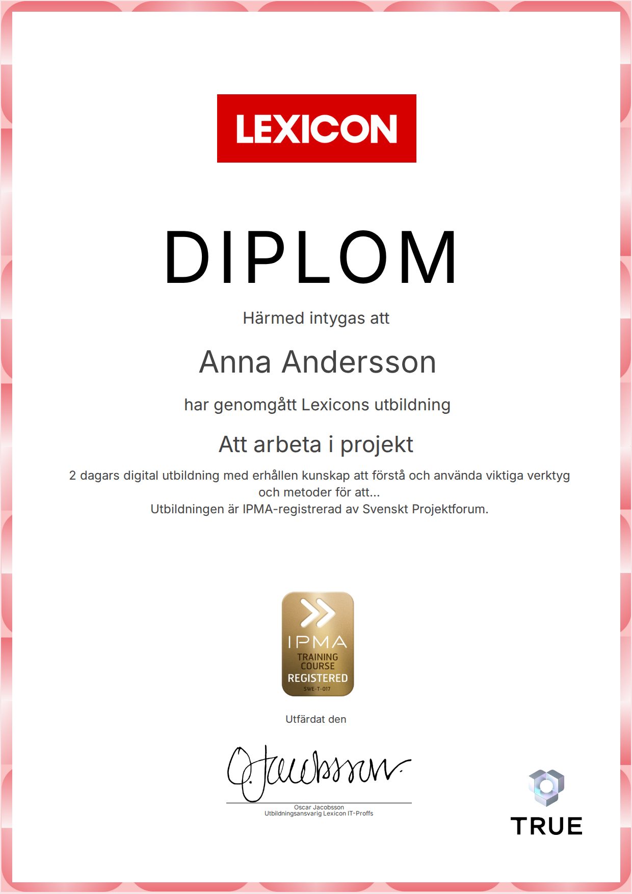 Example certificate for Att arbeta i projekt from Lexicon IT-Proffs AB