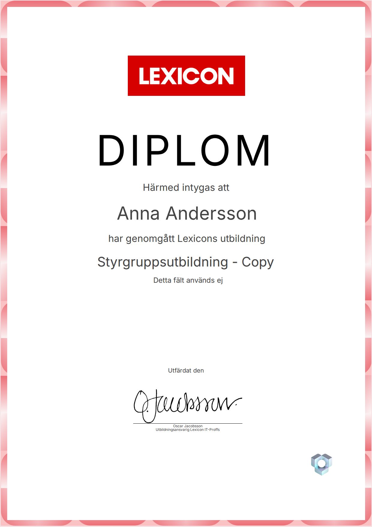 Example certificate for Styrgruppsutbildning - Copy from Lexicon IT-Proffs AB
