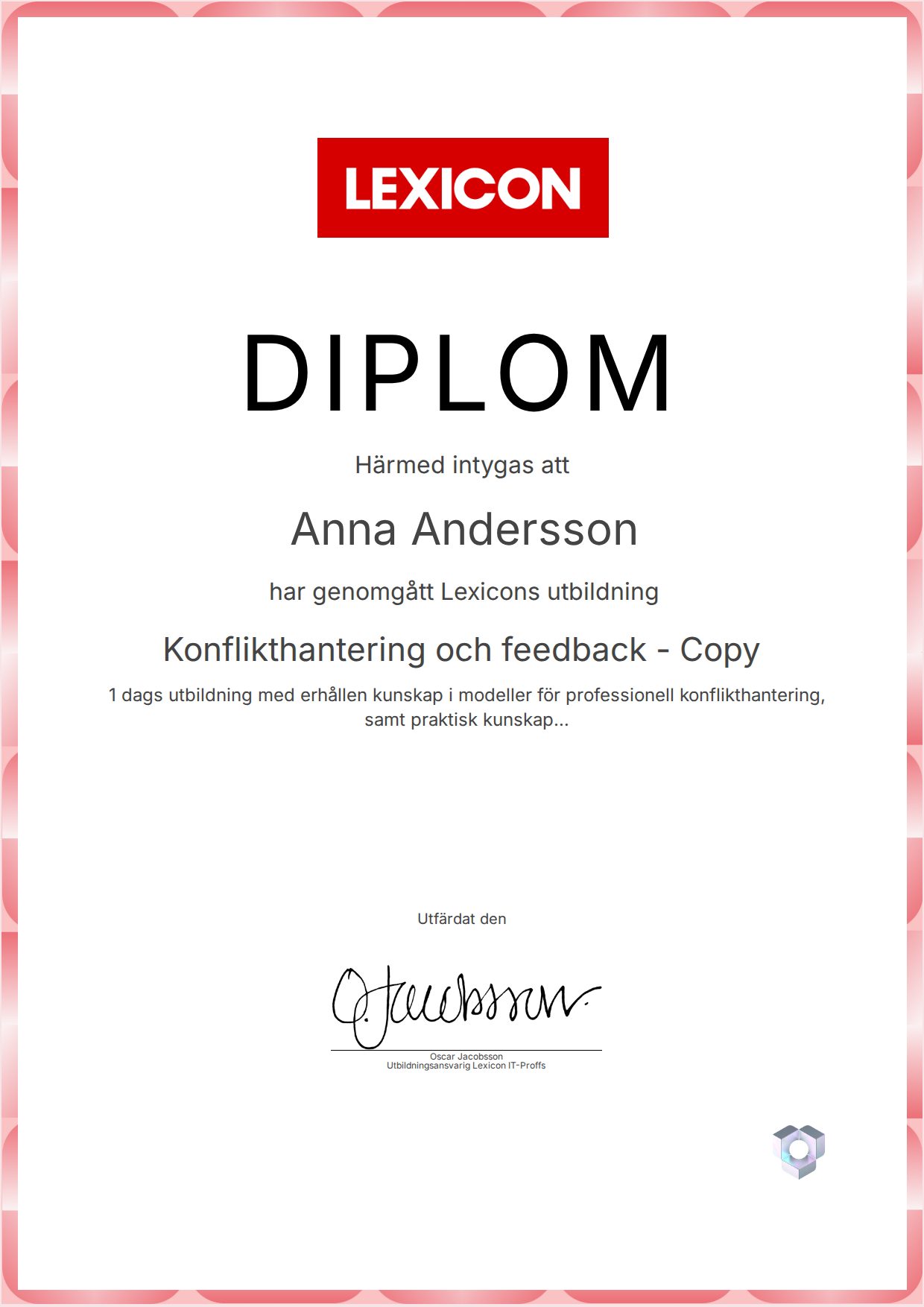 Exempel: diplom för Konflikthantering och feedback - Copy från Lexicon IT-Proffs AB