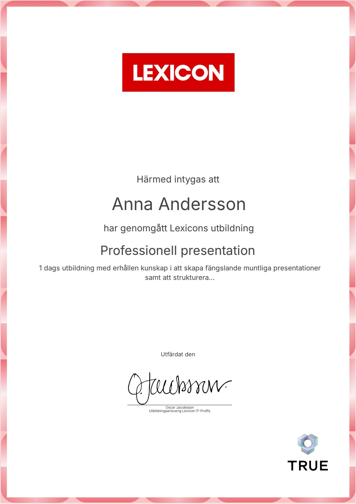 Example certificate for Professionell presentation from Lexicon IT-Proffs AB