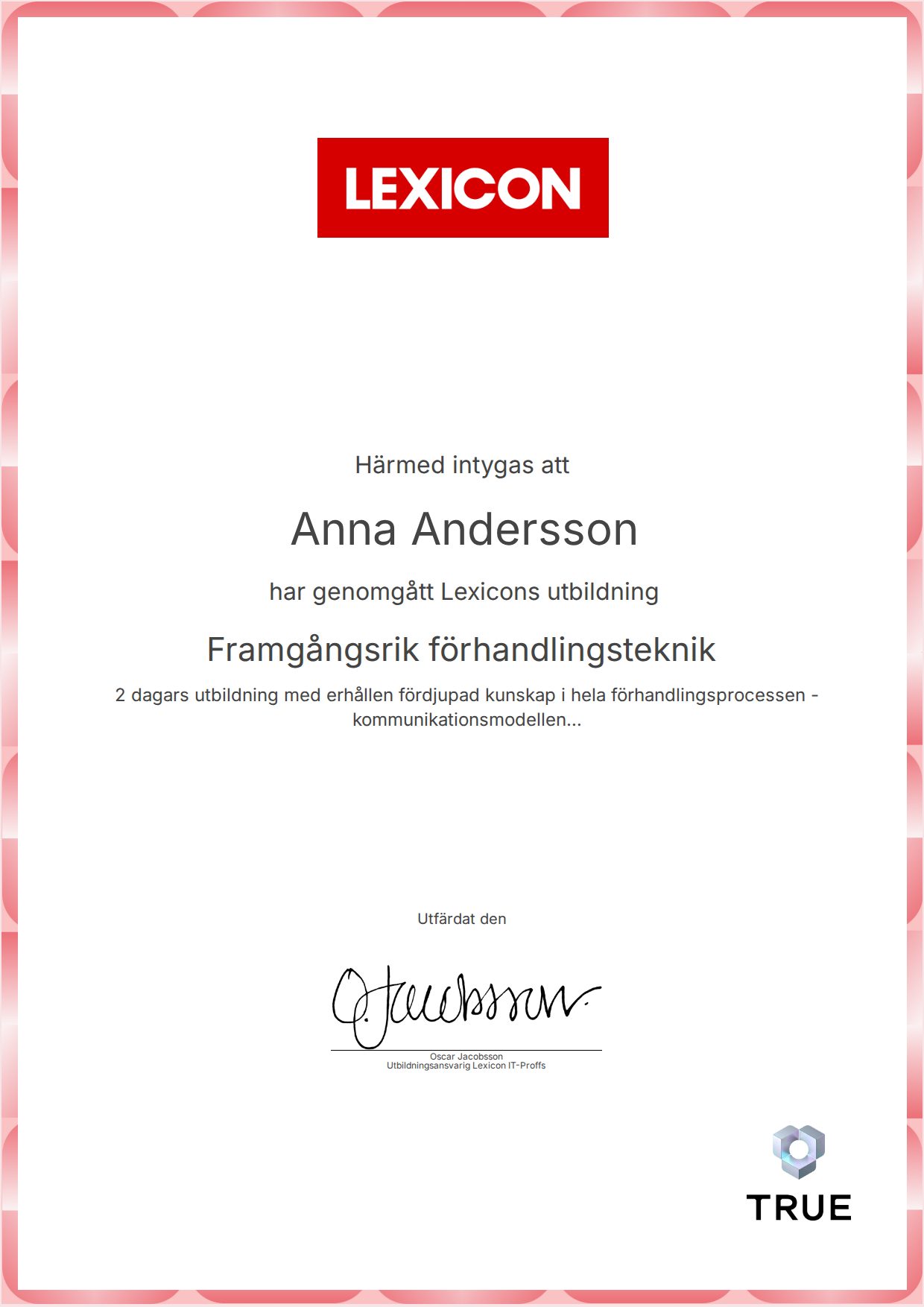 Example certificate for Framgångsrik förhandlingsteknik from Lexicon IT-Proffs AB