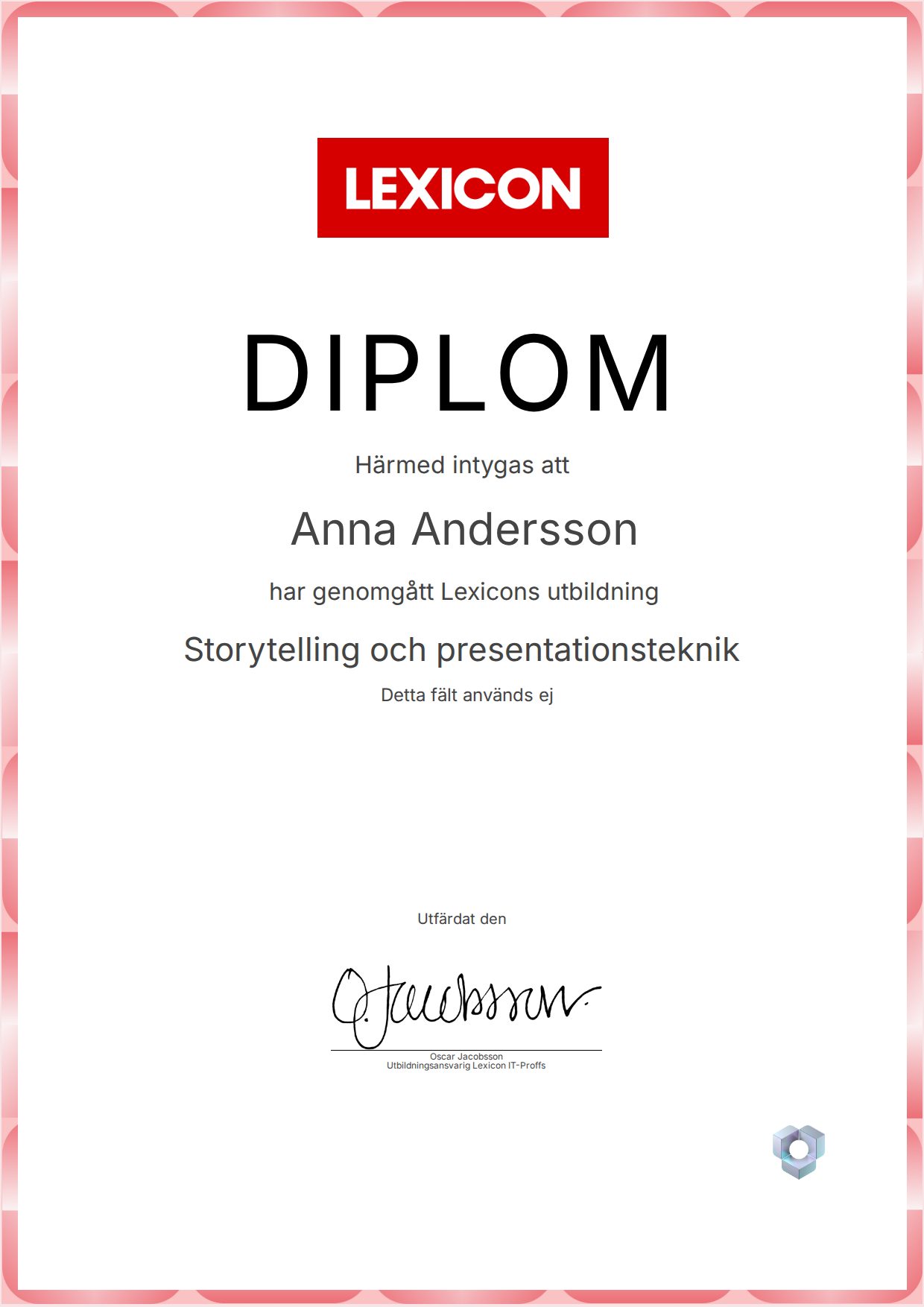 Example certificate for Storytelling och presentationsteknik from Lexicon IT-Proffs AB