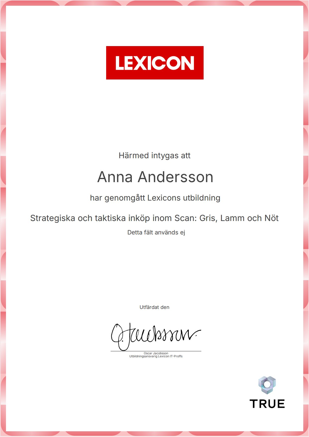 Example certificate for Strategiska och taktiska inköp inom Scan: Gris, Lamm och Nöt from Lexicon IT-Proffs AB