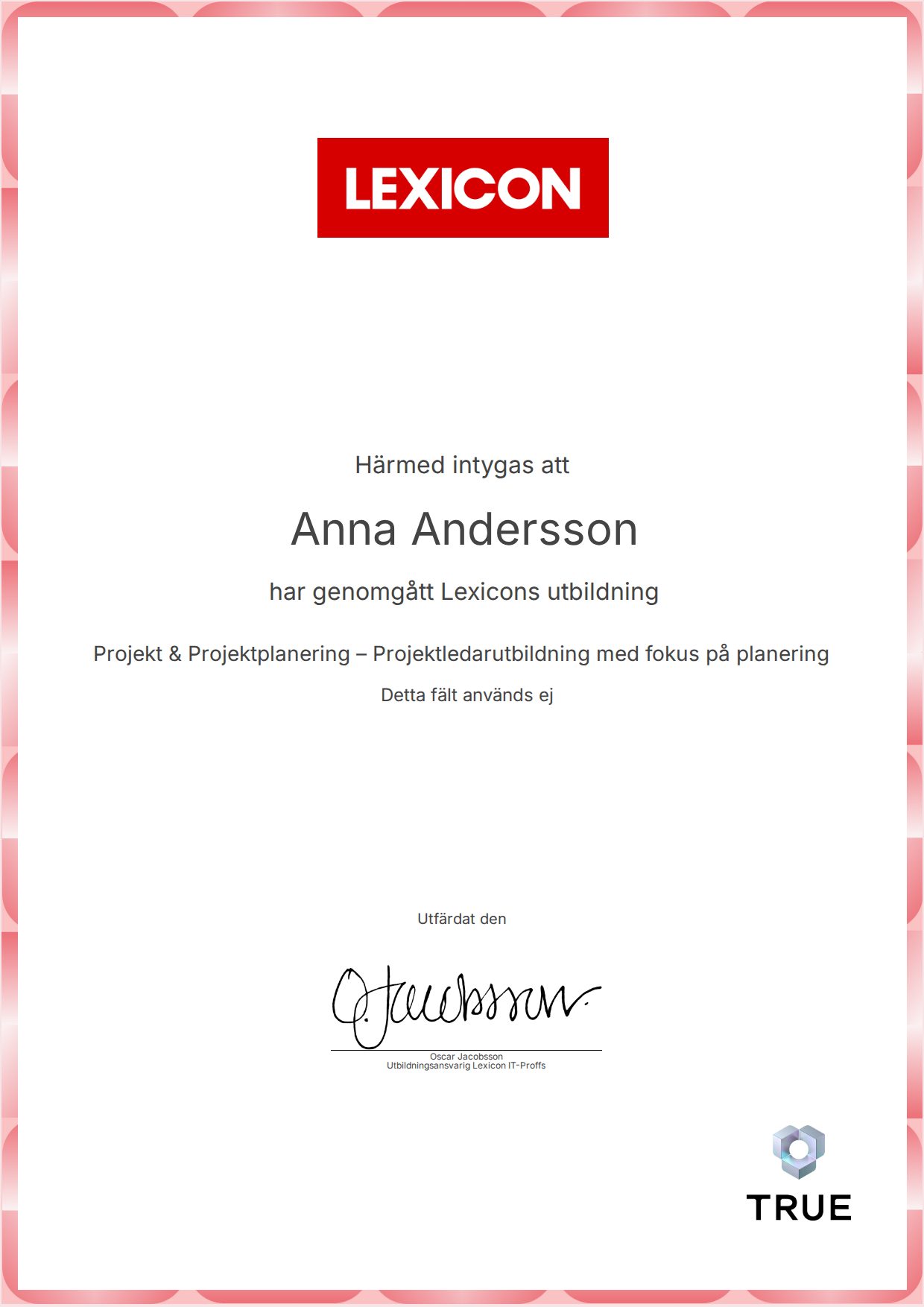 Example certificate for Projekt & Projektplanering – Projektledarutbildning med fokus på planering from Lexicon IT-Proffs AB