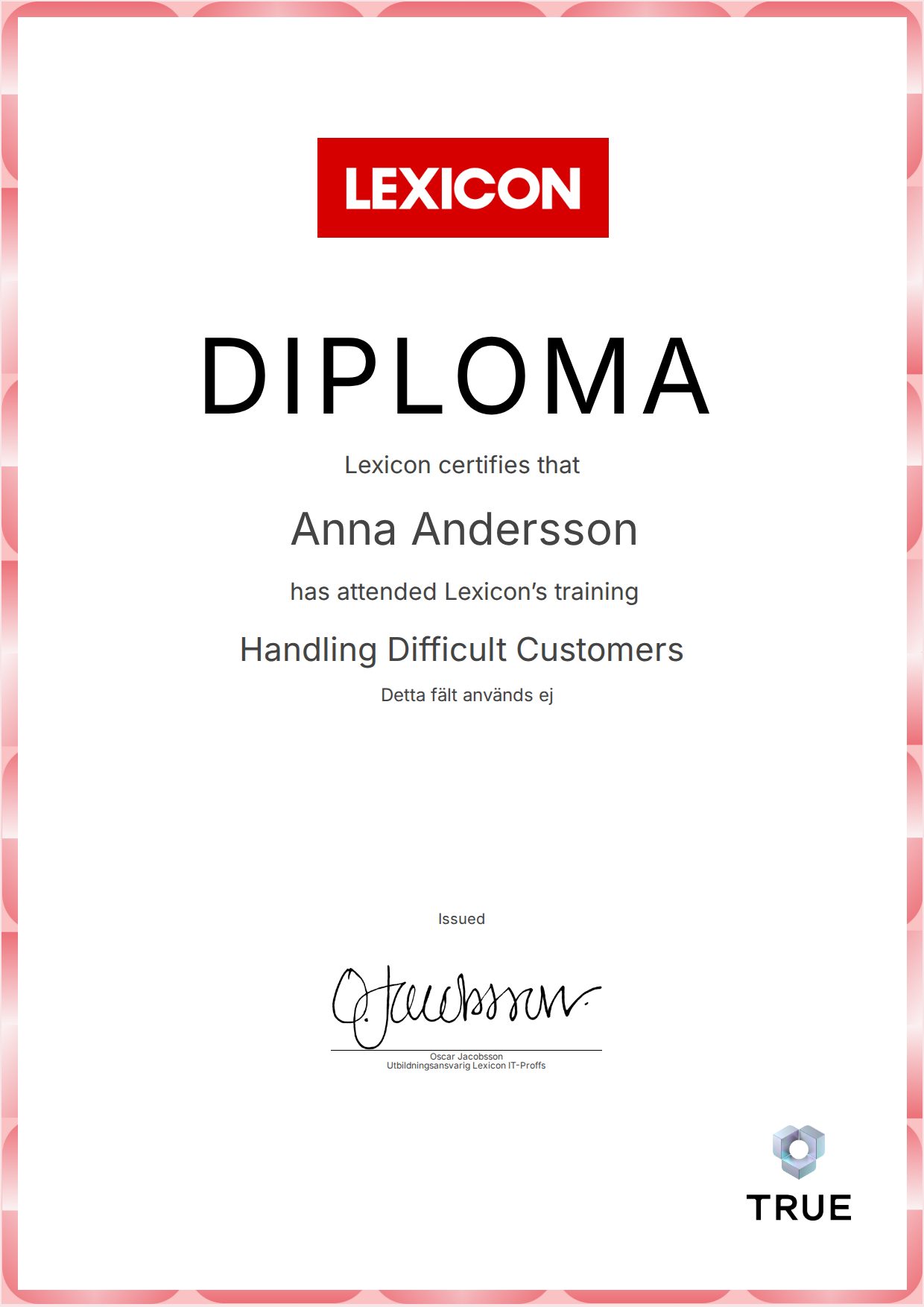 Exempel: diplom för Handling Difficult Customers från Lexicon IT-Proffs AB