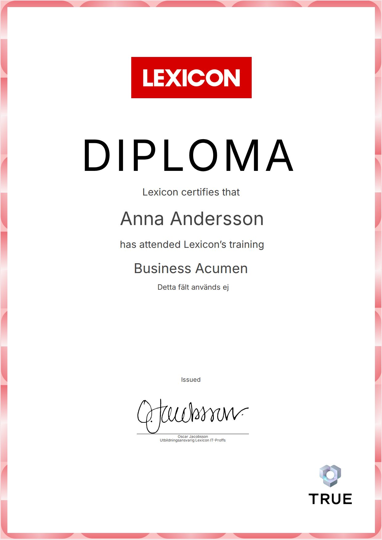 Exempel: diplom för Business Acumen från Lexicon IT-Proffs AB