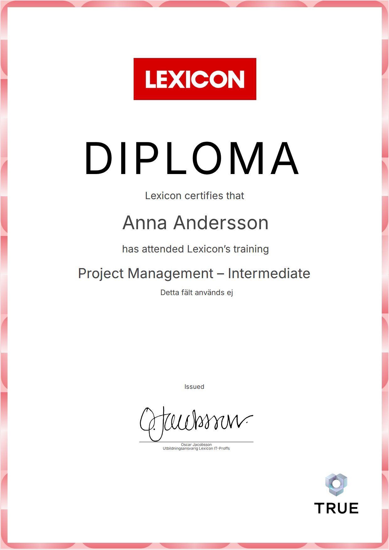 Example certificate for Project Management – Intermediate from Lexicon IT-Proffs AB