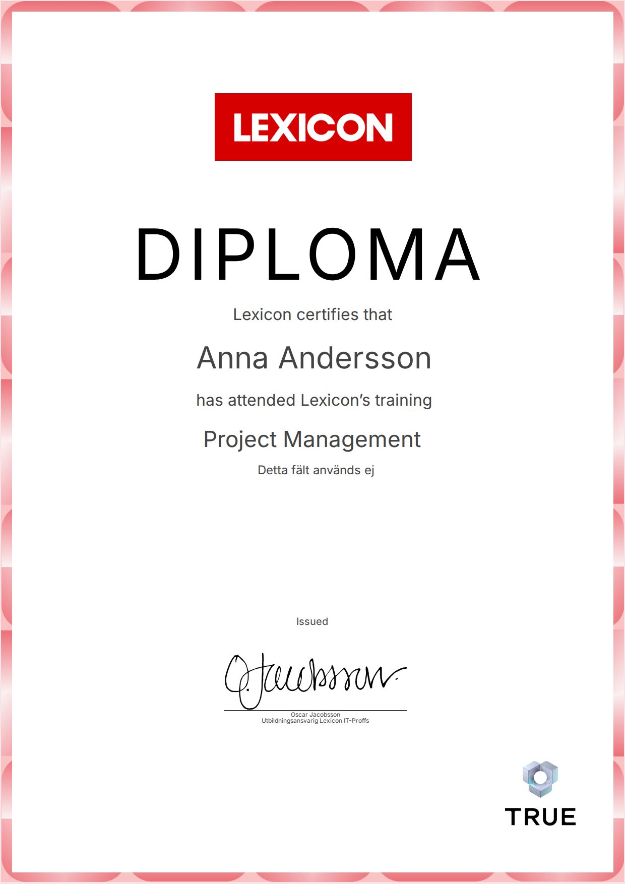 Example certificate for Project Management from Lexicon IT-Proffs AB