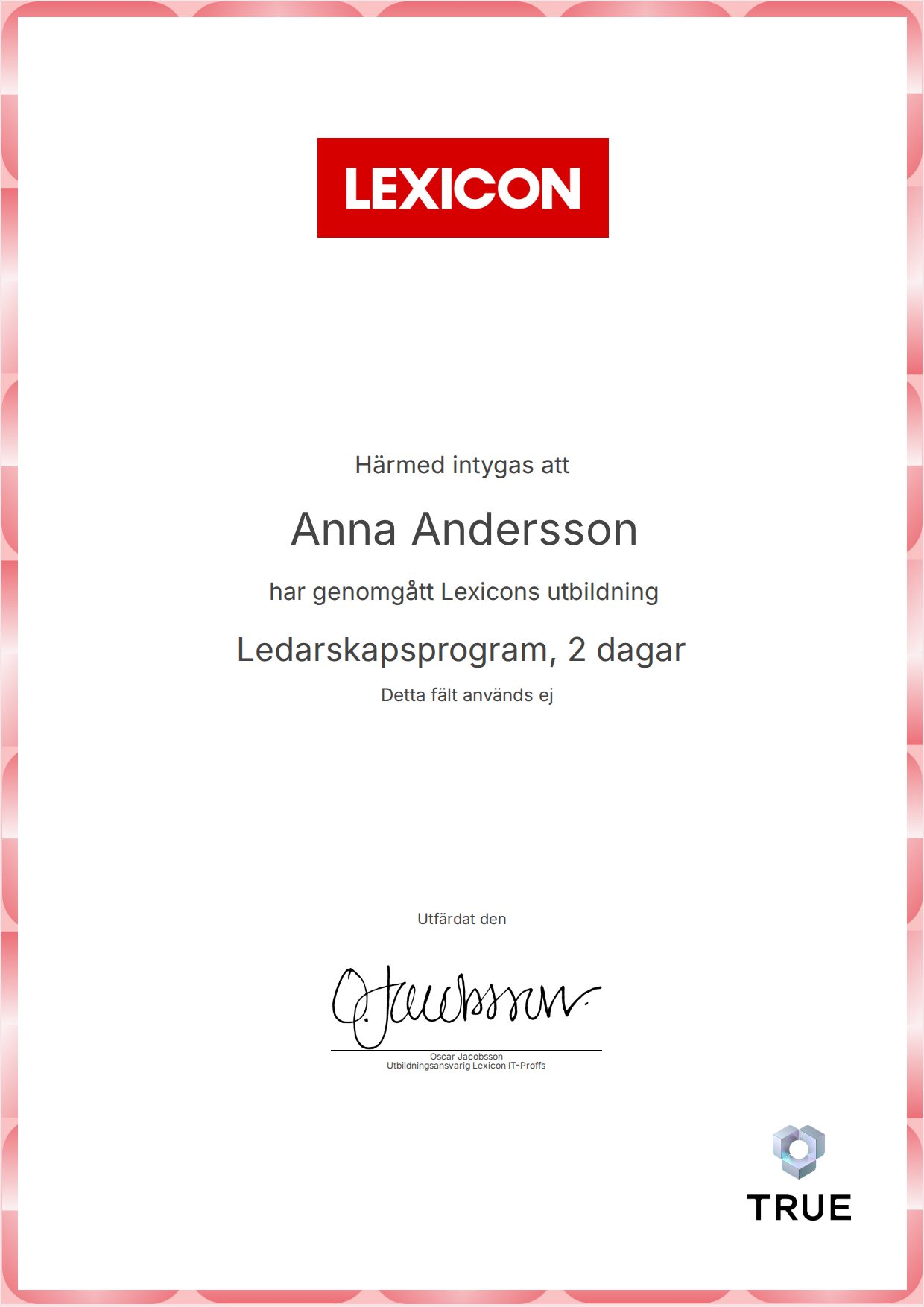 Example certificate for Ledarskapsprogram, 2 dagar from Lexicon IT-Proffs AB