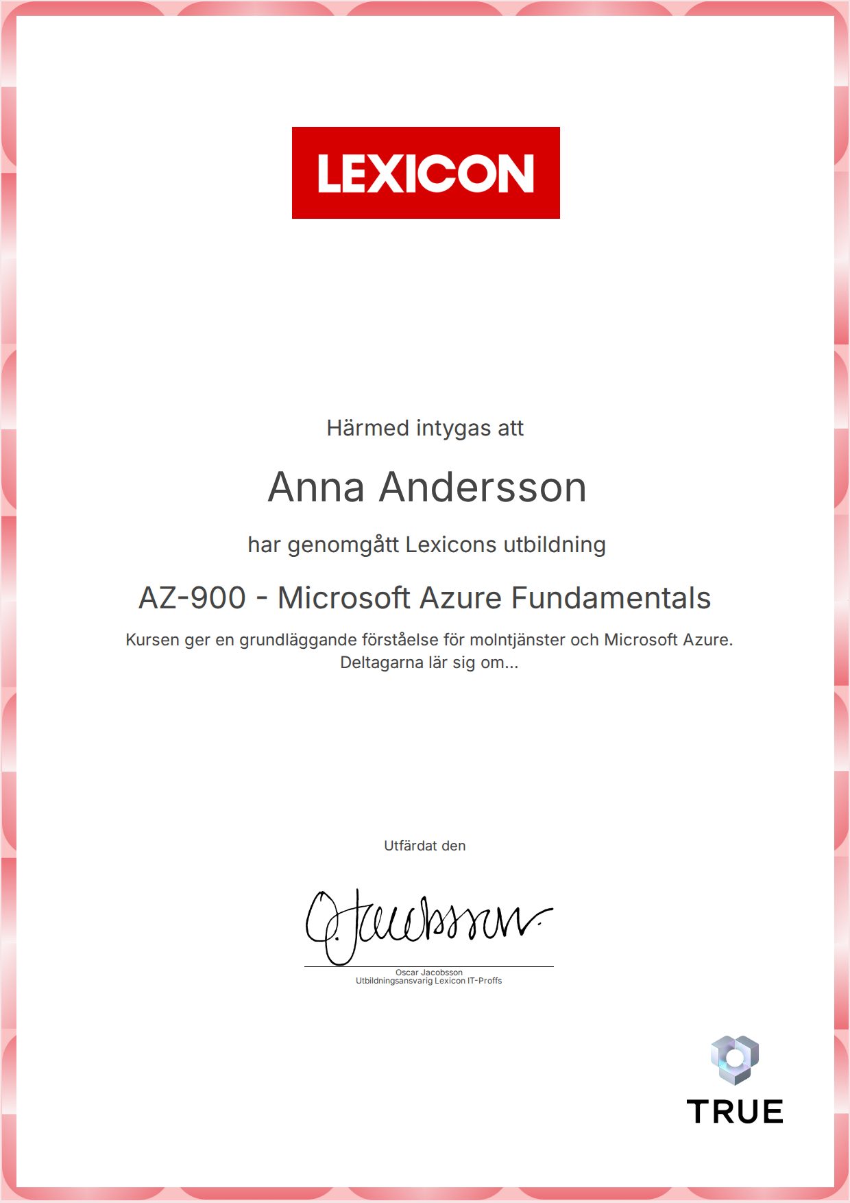Example certificate for AZ-900 - Microsoft Azure Fundamentals from Lexicon IT-Proffs AB