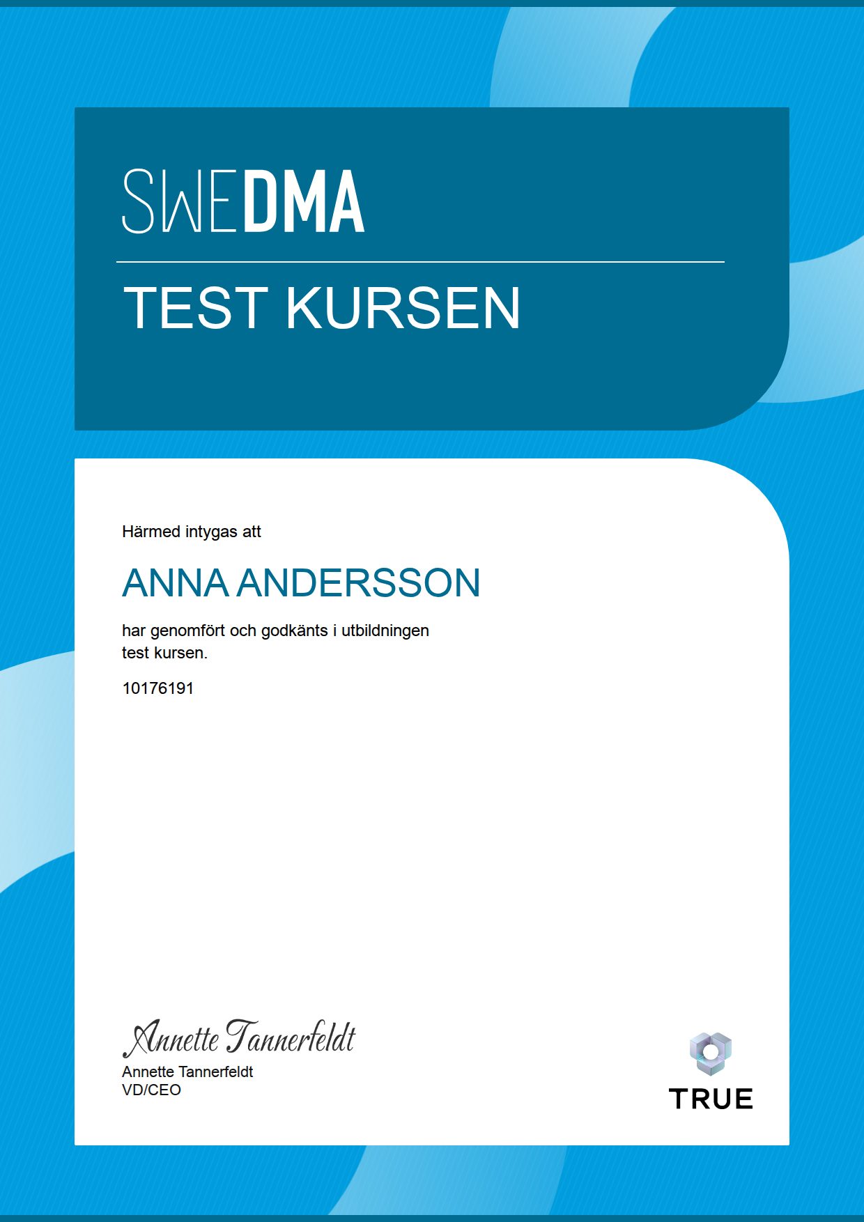 Exempel: diplom för test kursen från SWEDMA